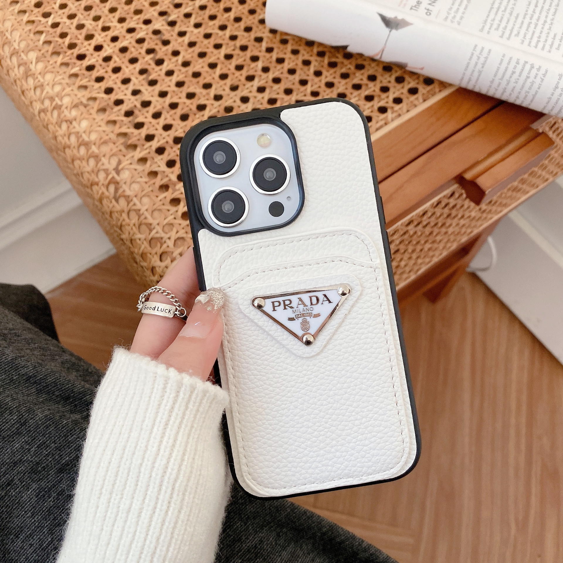 Leather Metal Triangle Label PR iphone Wallet Case