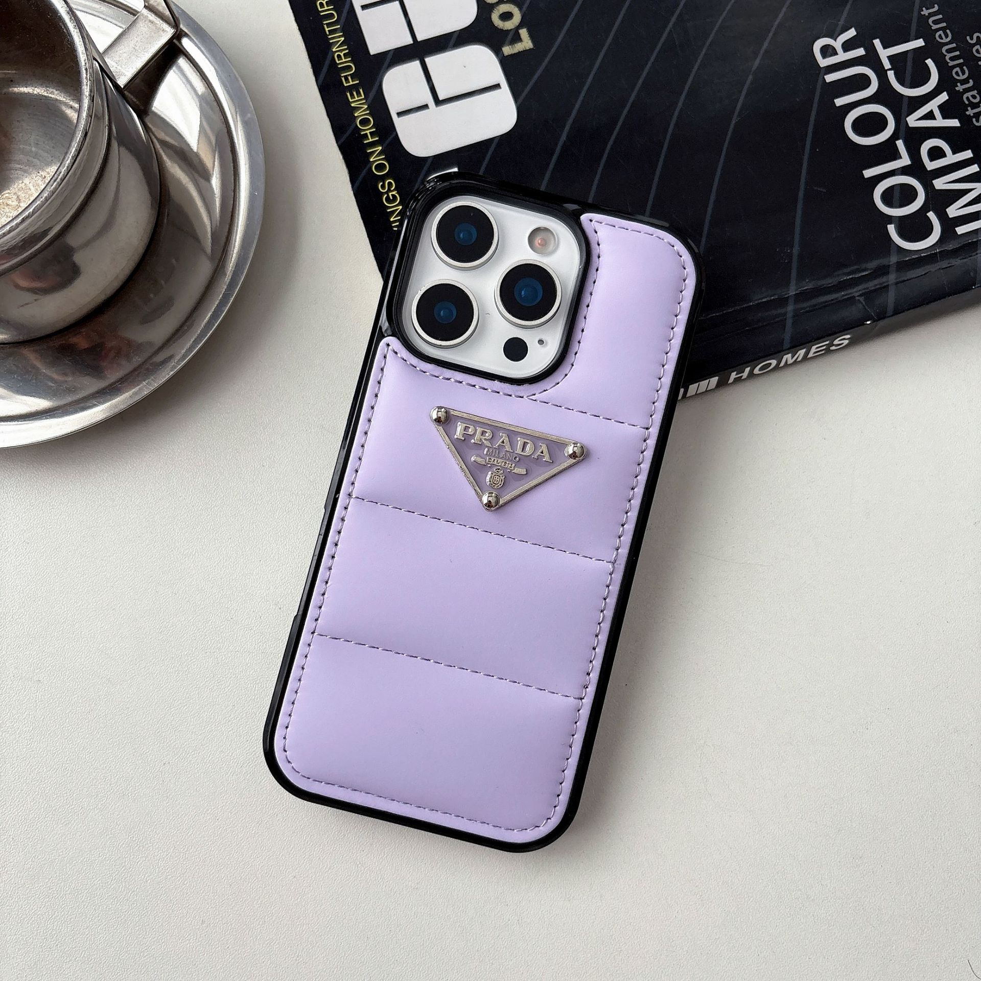 Prada iphone Case 3d Goose Down Metal Triangle Label