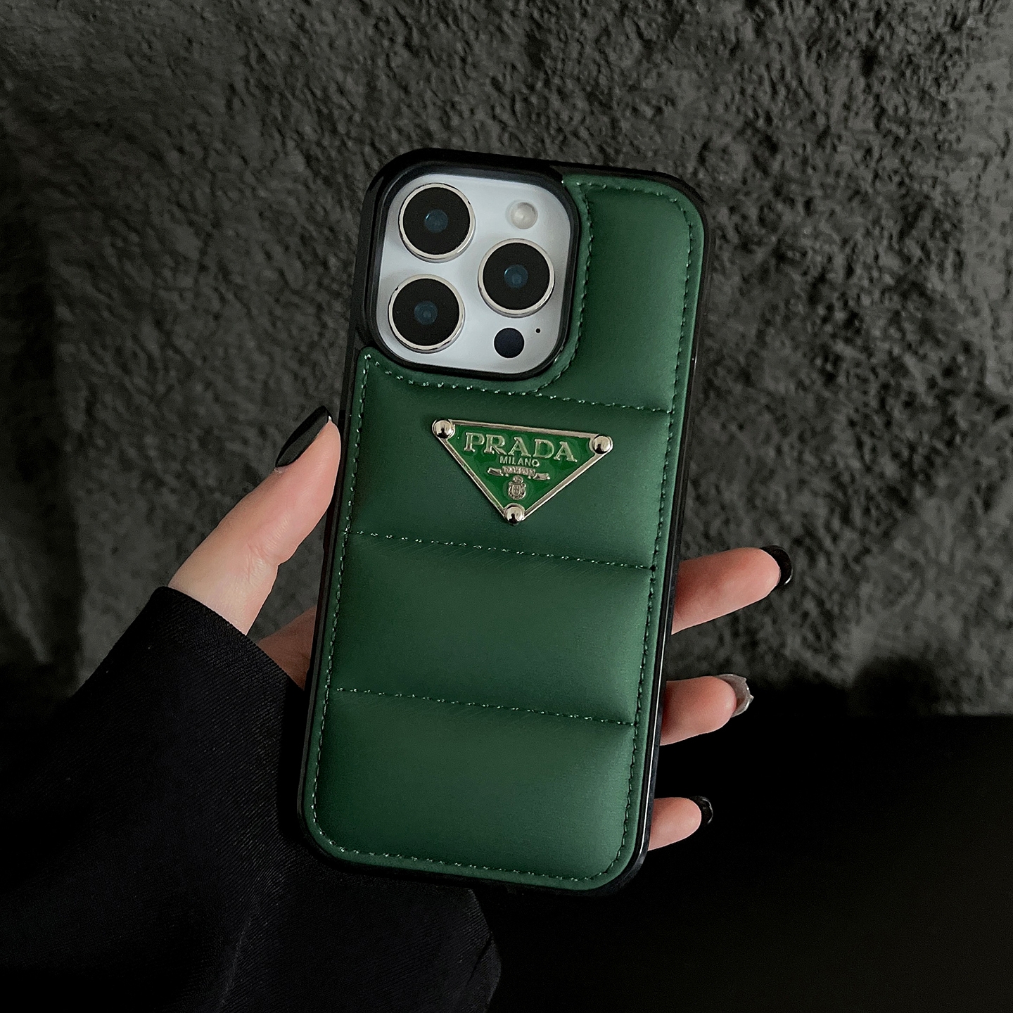 Prada iphone Case 3d Goose Down Metal Triangle Label