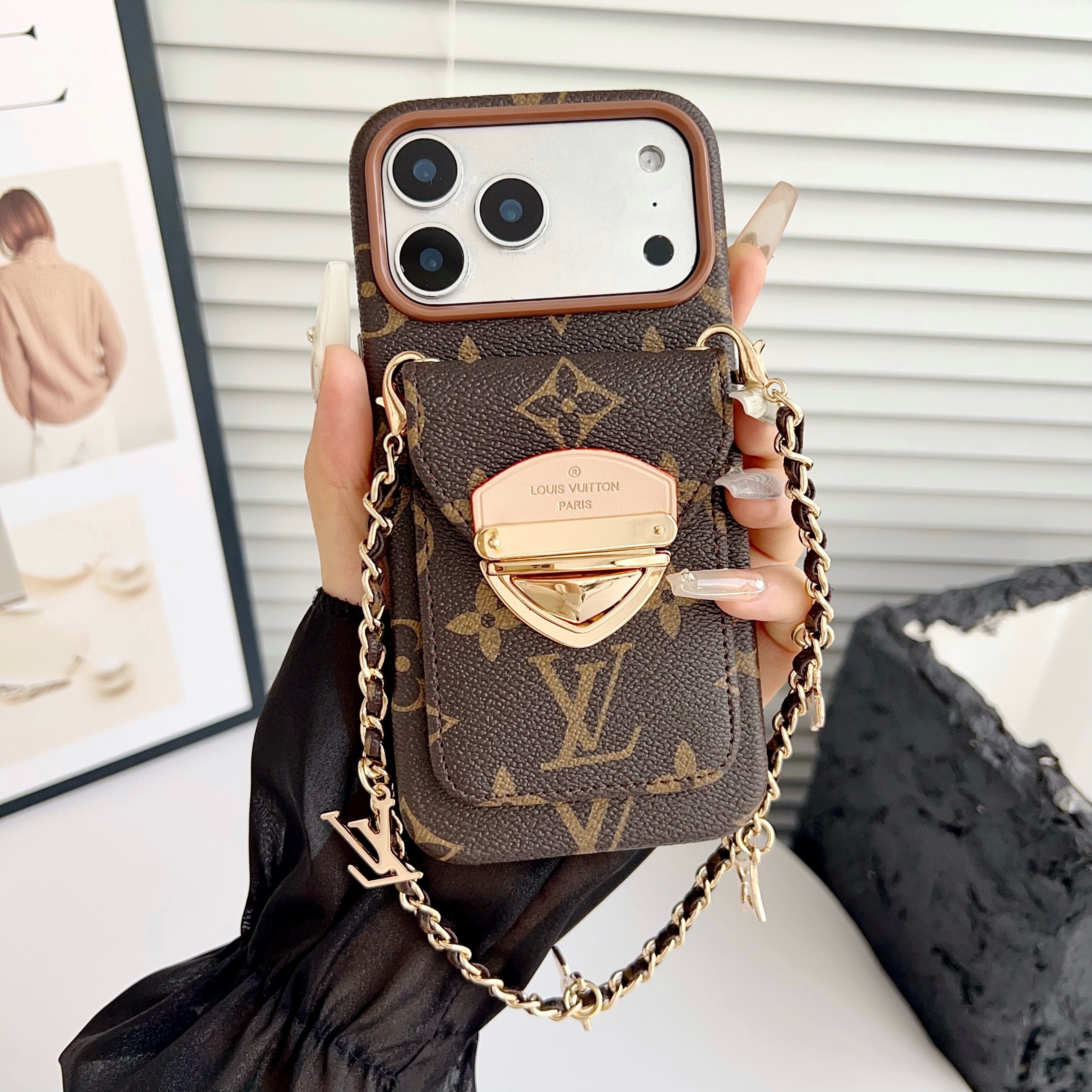 Louis Vuitton Leather iPhone Wallet Case With Letter Metal Bracelet