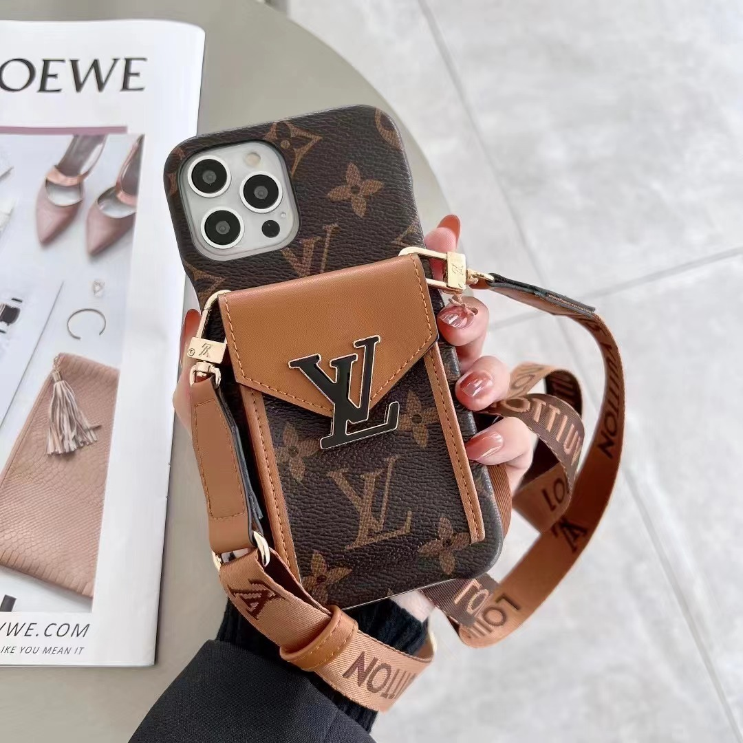 Louis Vuitton Leather iPhone Wallet Case With Crossbody Strap