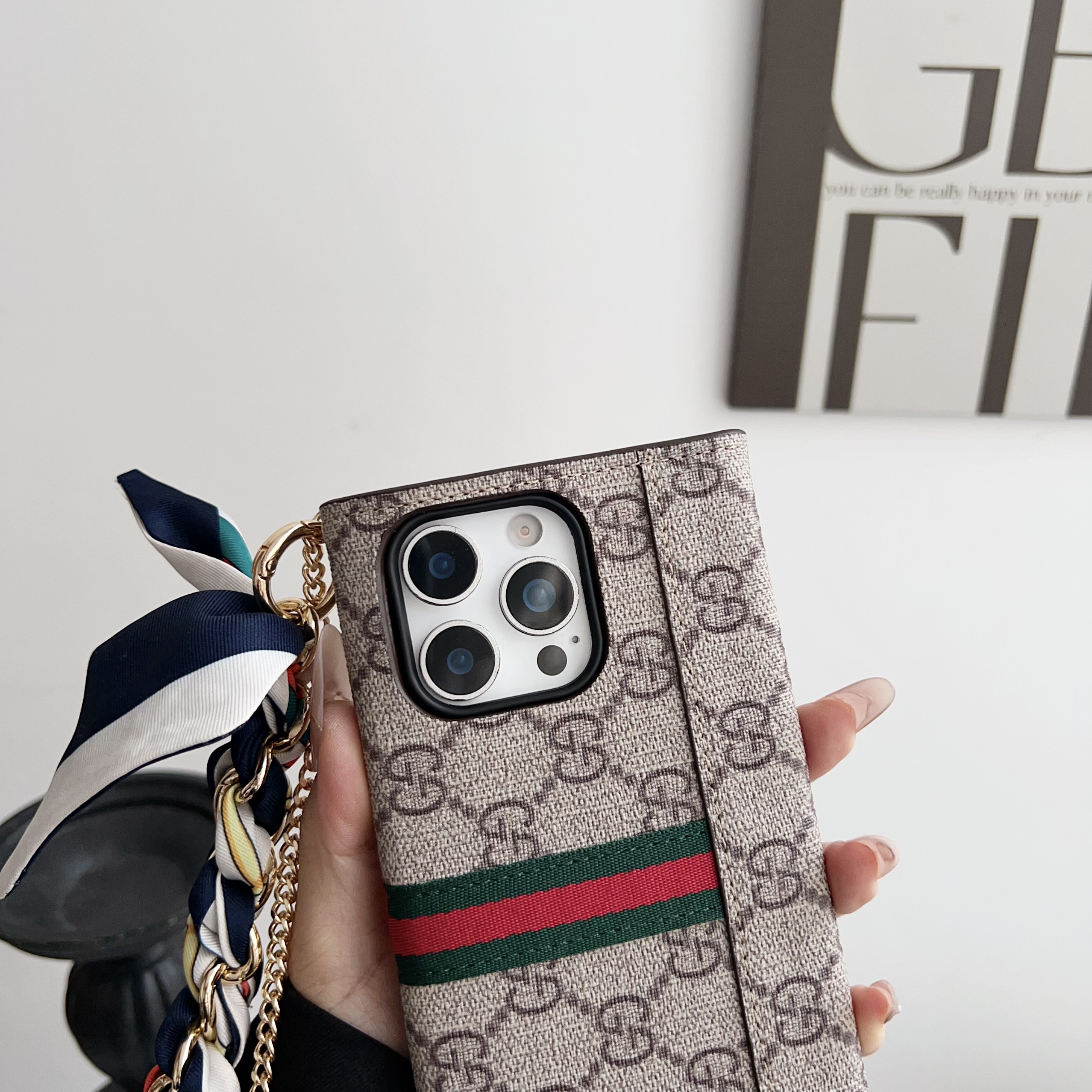 Gucci Leather iPhone Wallet Cases Magnetic Flip Cover With Crossbody Strap