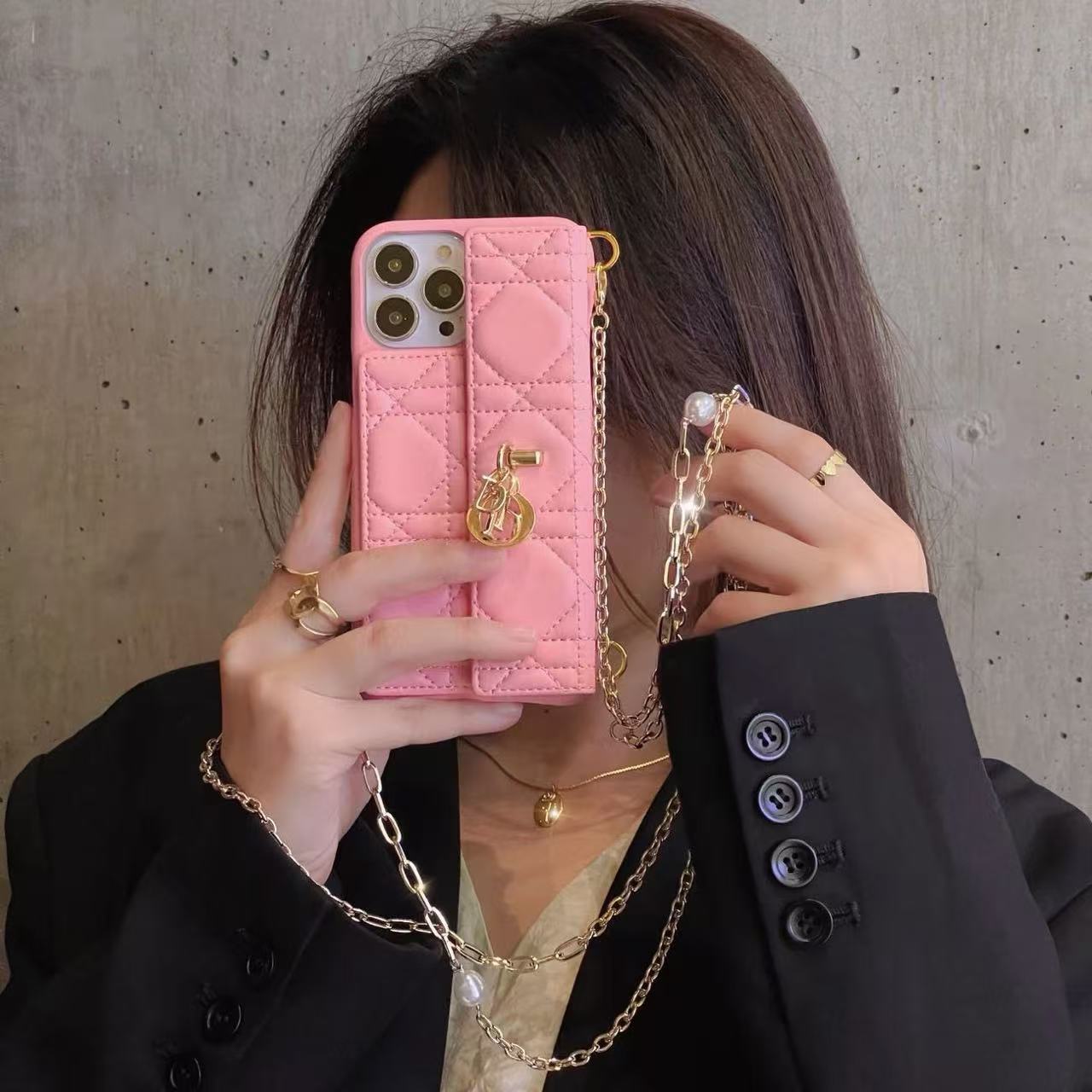 Luxury CD Leather iPhone Wallet Case With Crossbody Strap