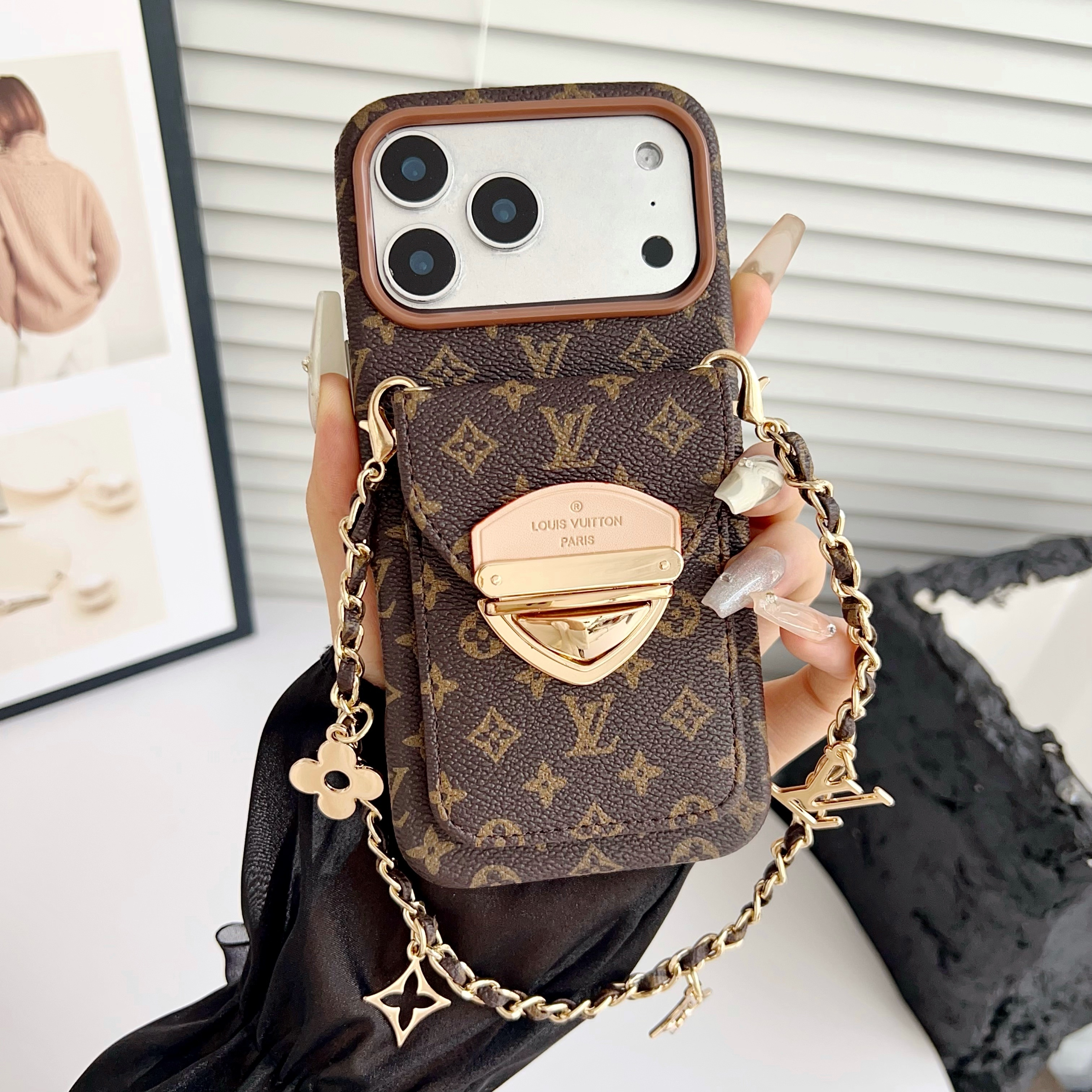 Louis Vuitton Leather iPhone Wallet Case With Letter Metal Bracelet