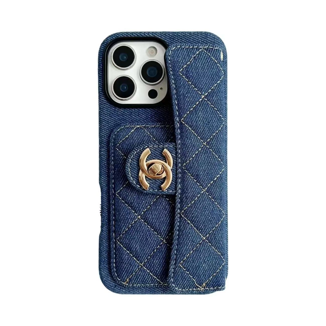 Chanel Denim Canvas iPhone Wallet Case With Crossbody Strap / Handkerchief