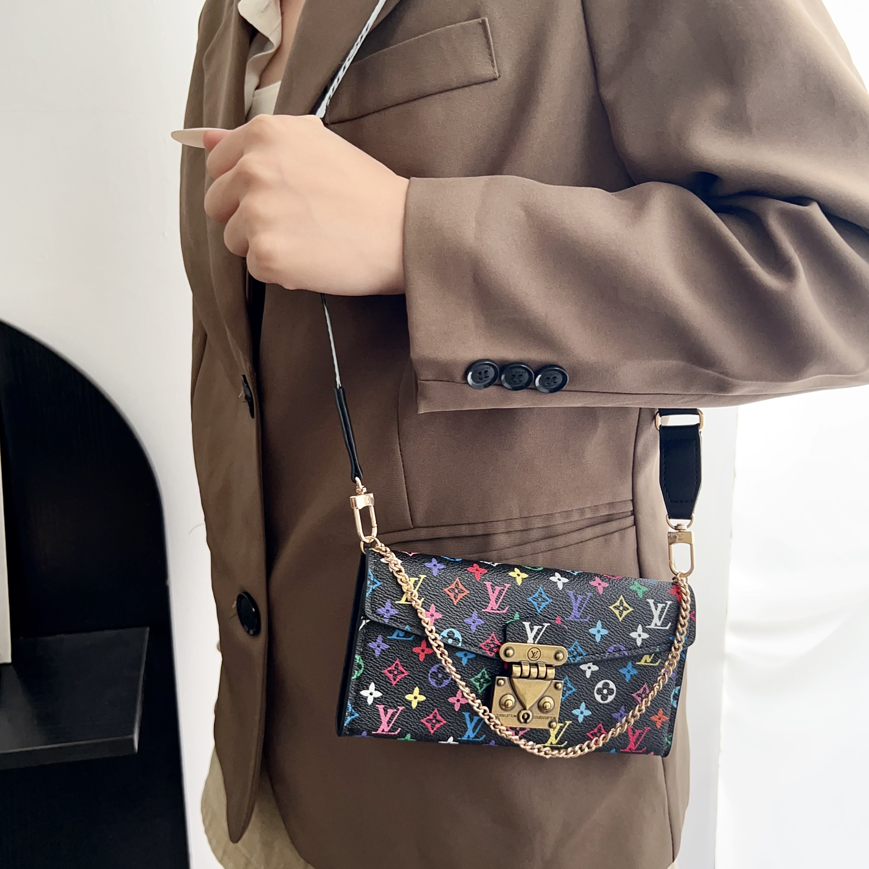 Louis Vuitton Monogram iPhone Wallet Case Magnetic Flip Cover With Crossbody Strap