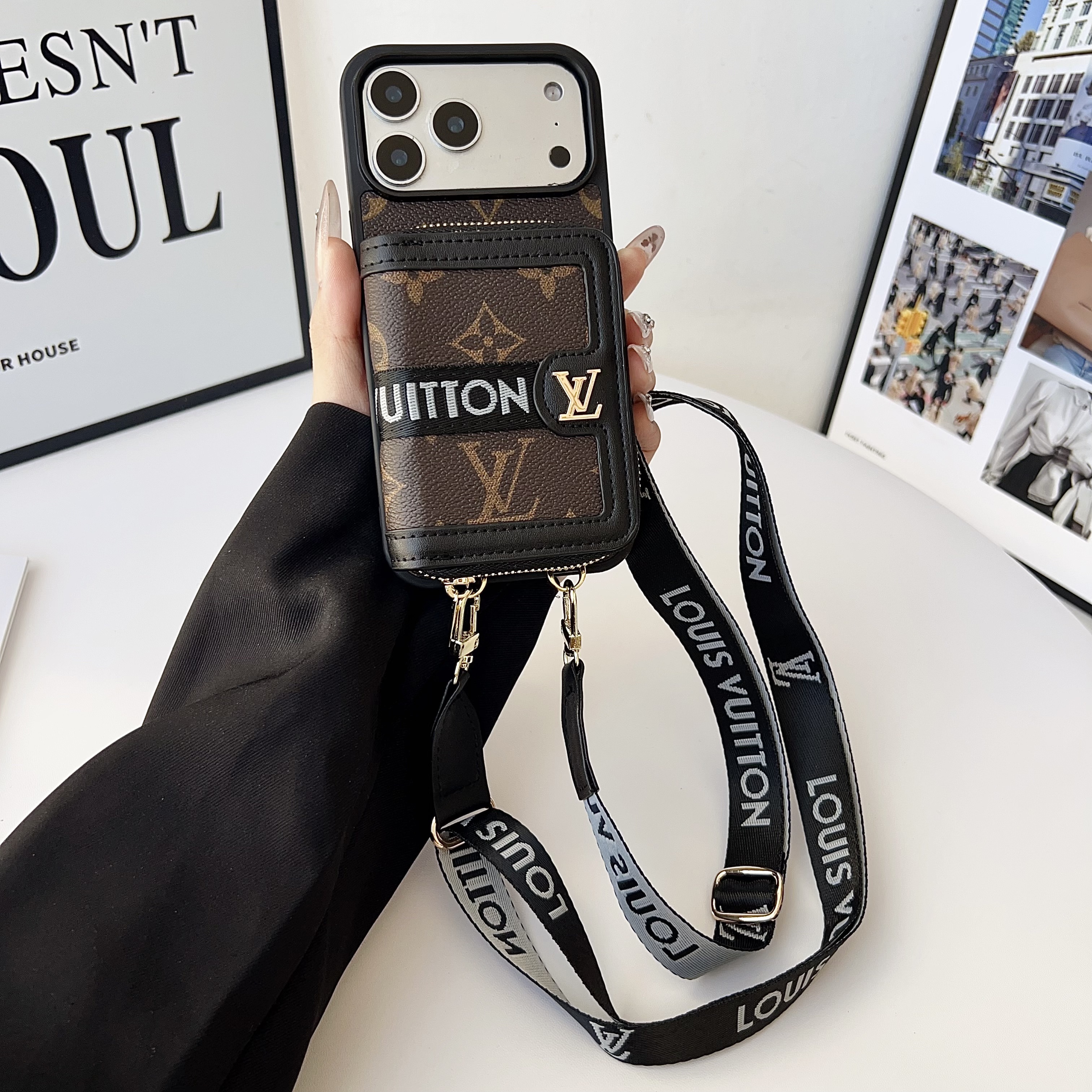 Louis Vuitton,Gucci Monogram Leather iPhone Zipper Wallet Case with Crossbody Strap