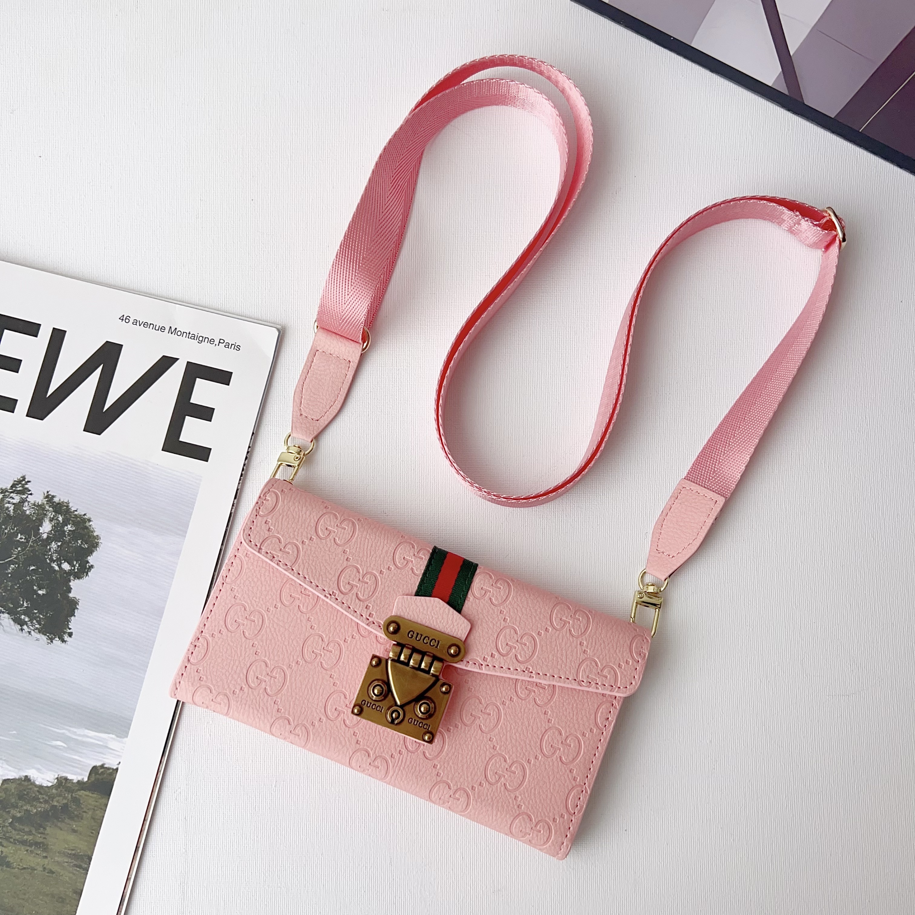 Gucci Colored LeatheriPhone Wallet Case Magnetic Flip Cover With Crossbody Strap