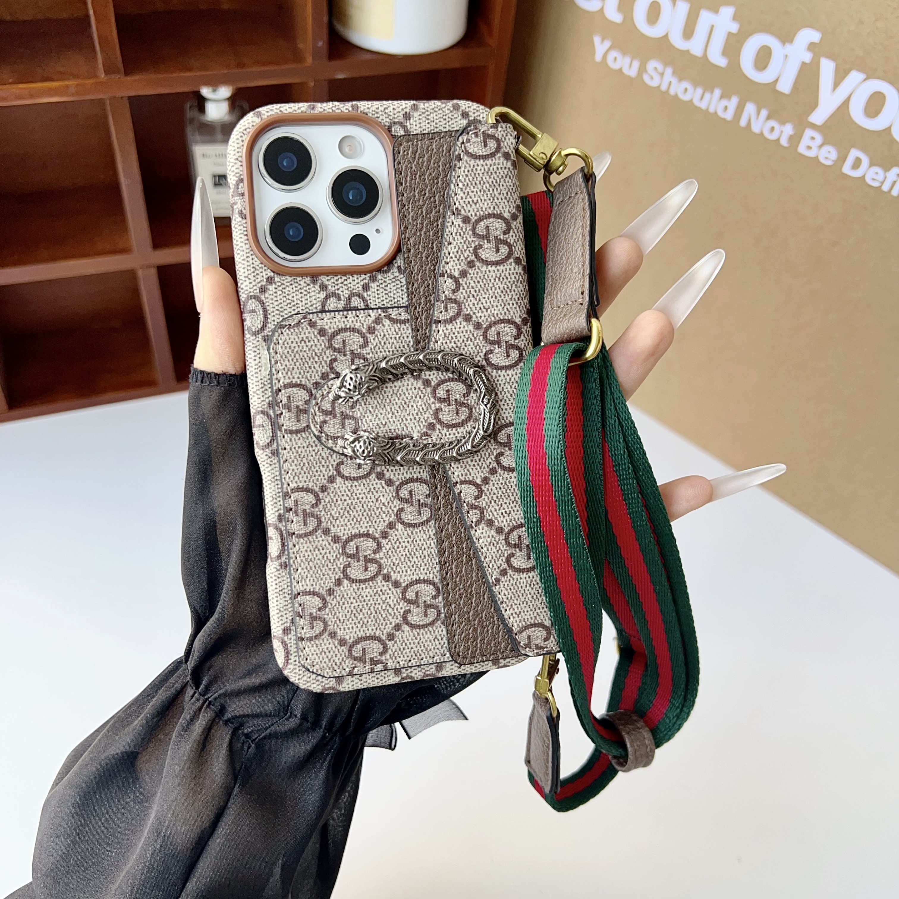 Gucci Dionysus Leather iPhone Wallet Case With Crossbody Strap