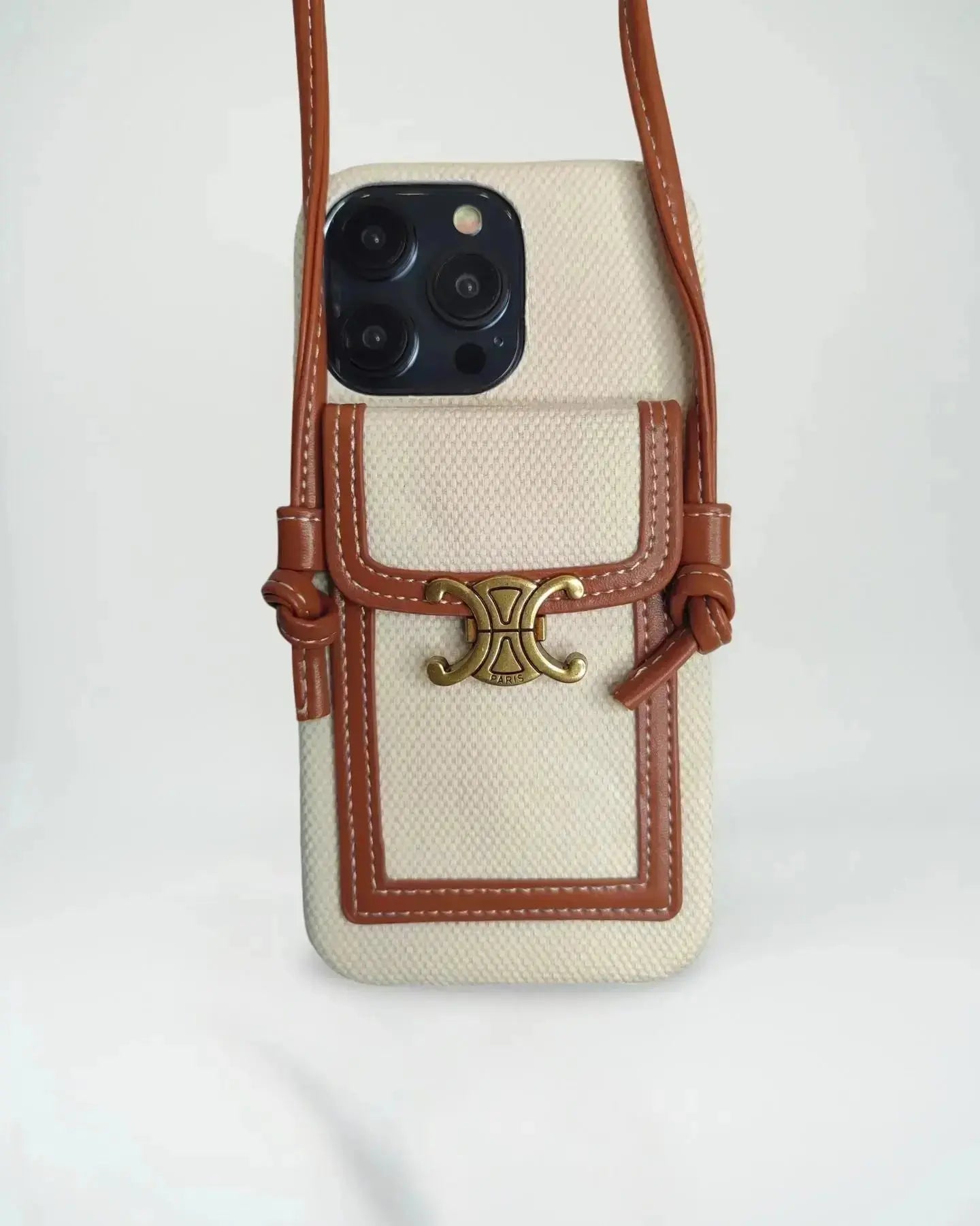 Celine Luxurious Leather iPhone Wallet Case With Crossbody Strap