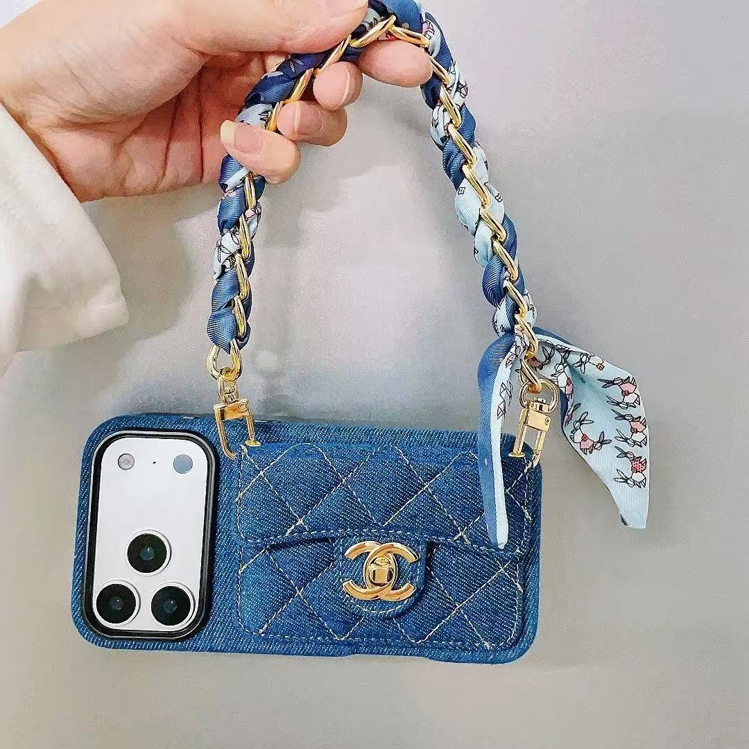 Chanel Denim Canvas iPhone Wallet Case With Crossbody Strap / Handkerchief
