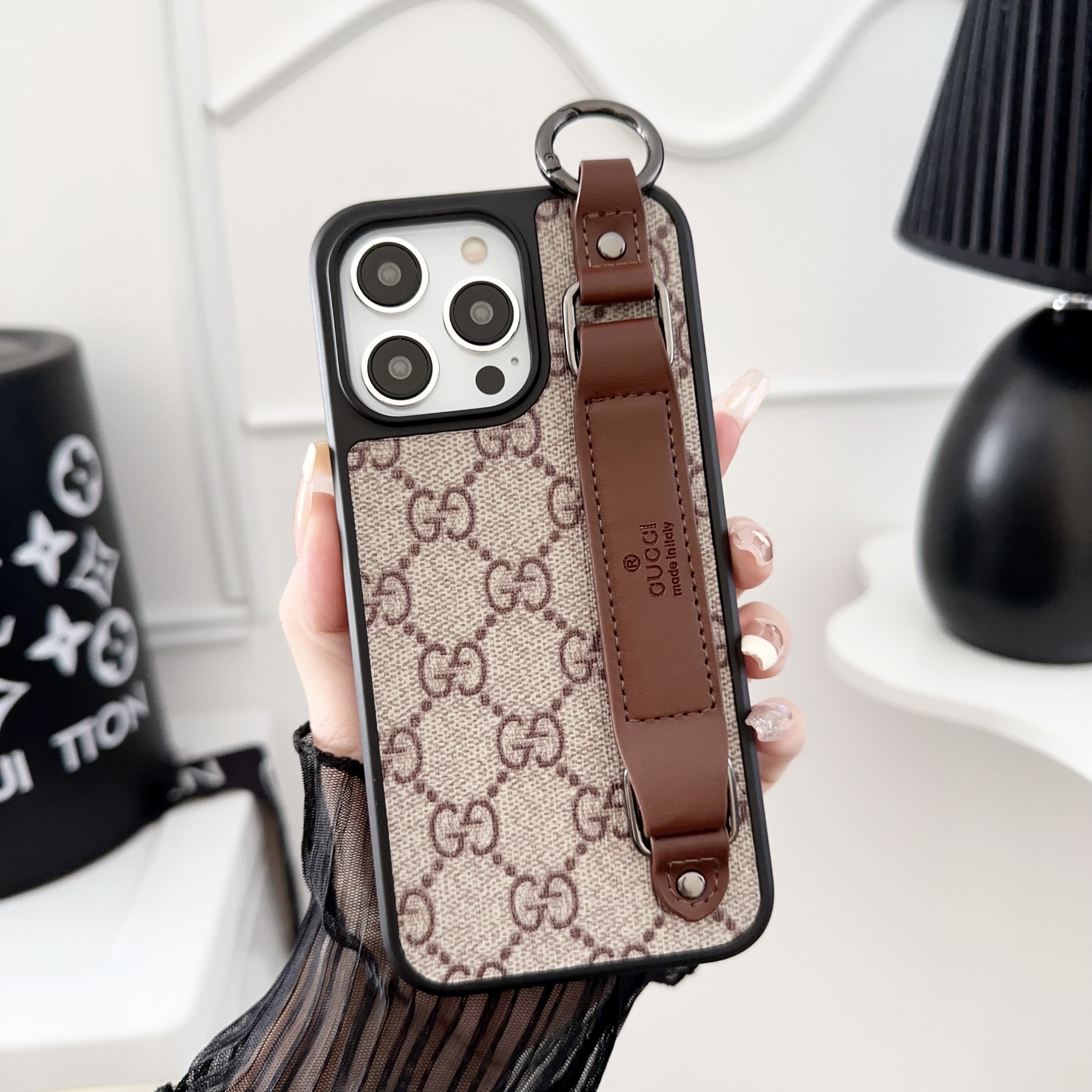 Louis Vuitton Gucci Leather Monogram iPhone Case With Holder