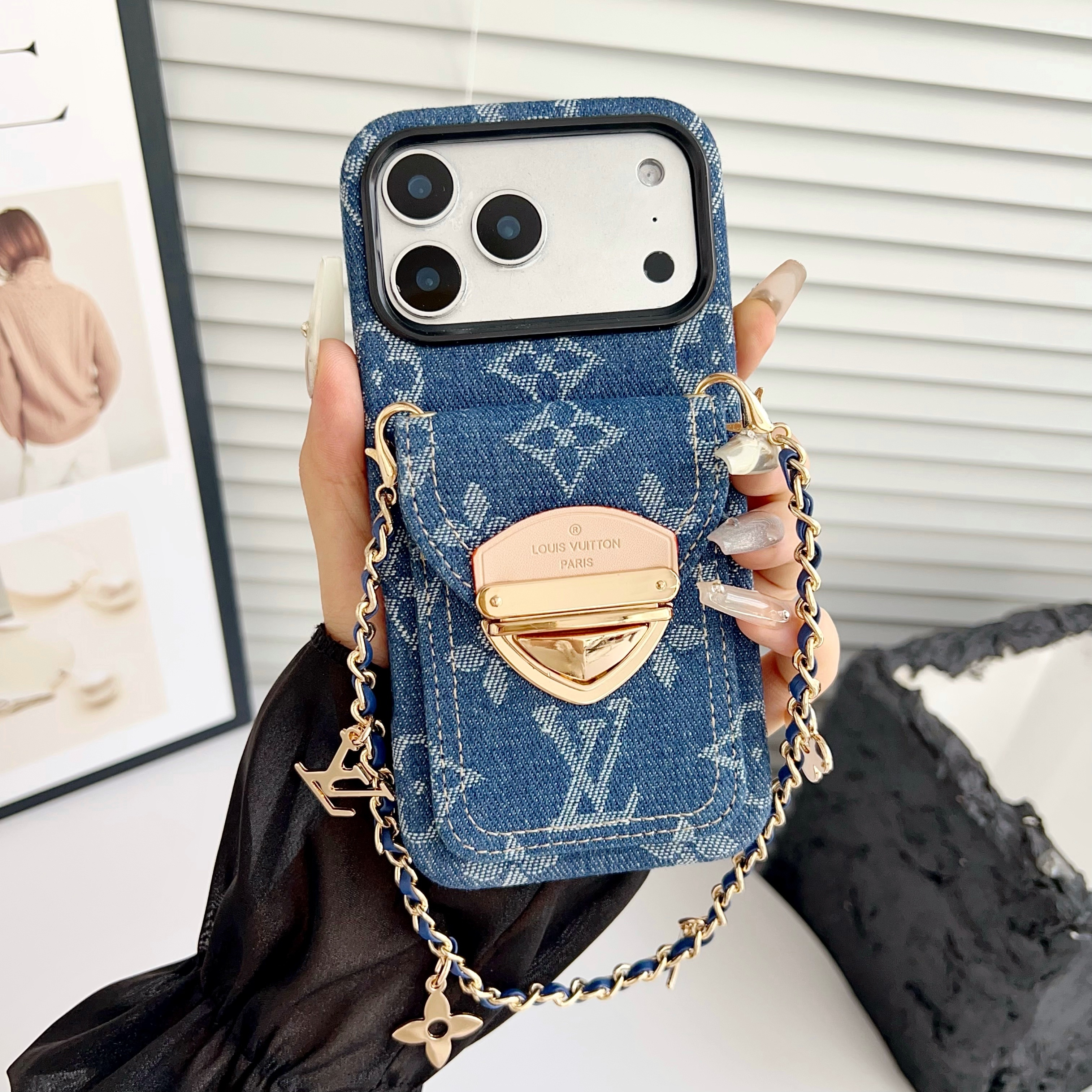 Louis Vuitton Leather iPhone Wallet Case With Letter Metal Bracelet