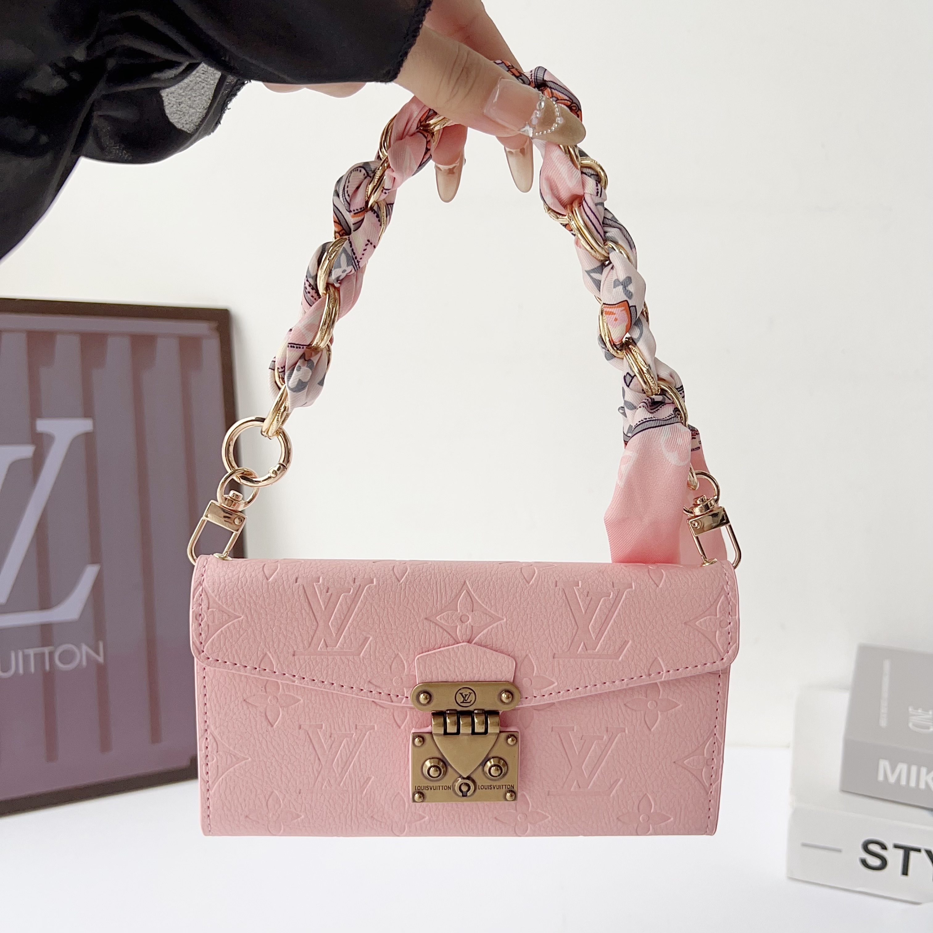 Louis Vuitton Monogram iPhone Wallet Case Magnetic Flip Cover With Weave the hand strap