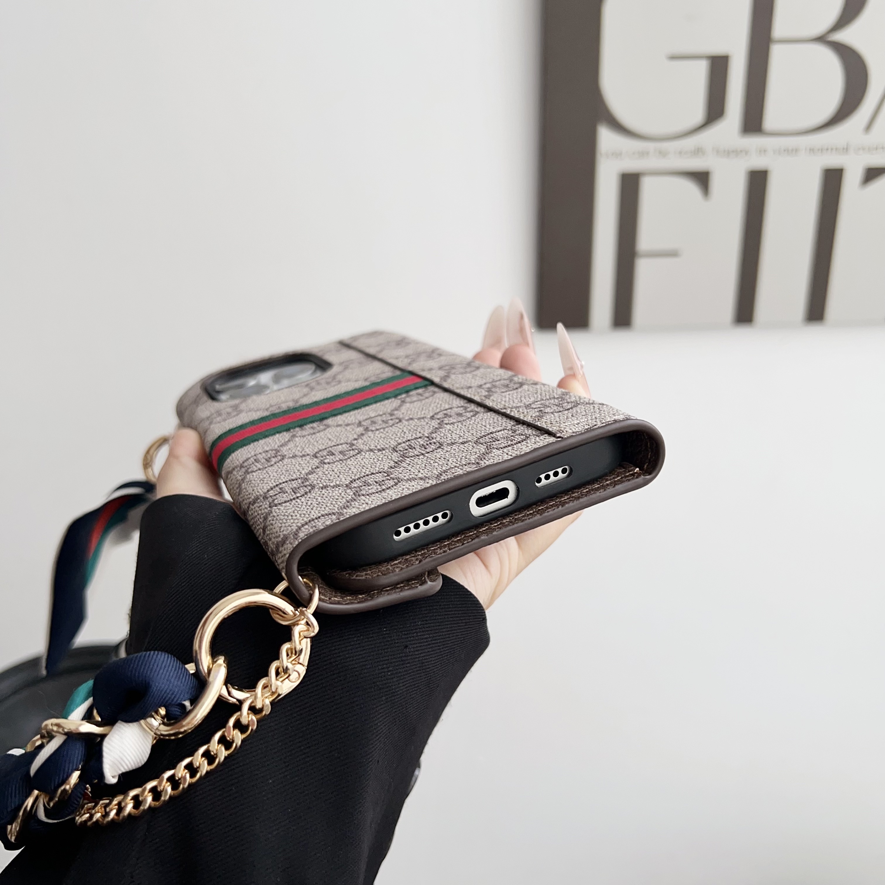 Gucci Leather iPhone Wallet Cases Magnetic Flip Cover With Crossbody Strap