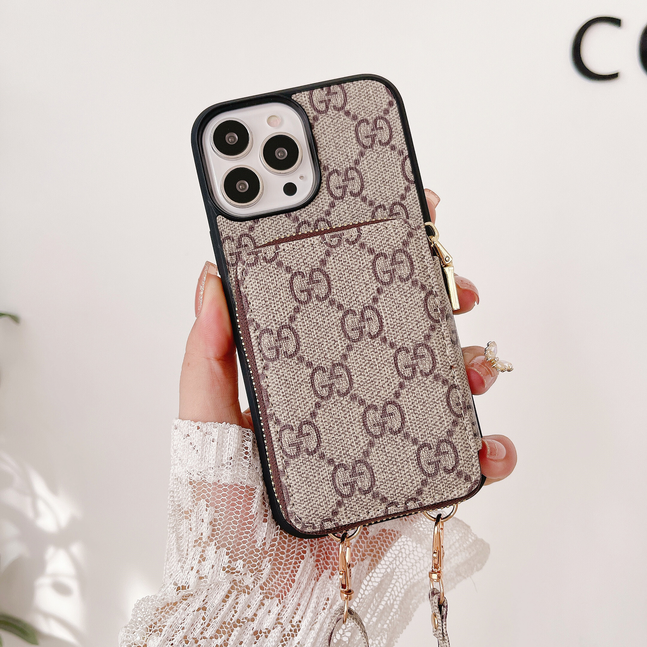 Louis Vuitton,Gucci Monogram Leather iPhone Zipper Wallet Case with Crossbody Strap