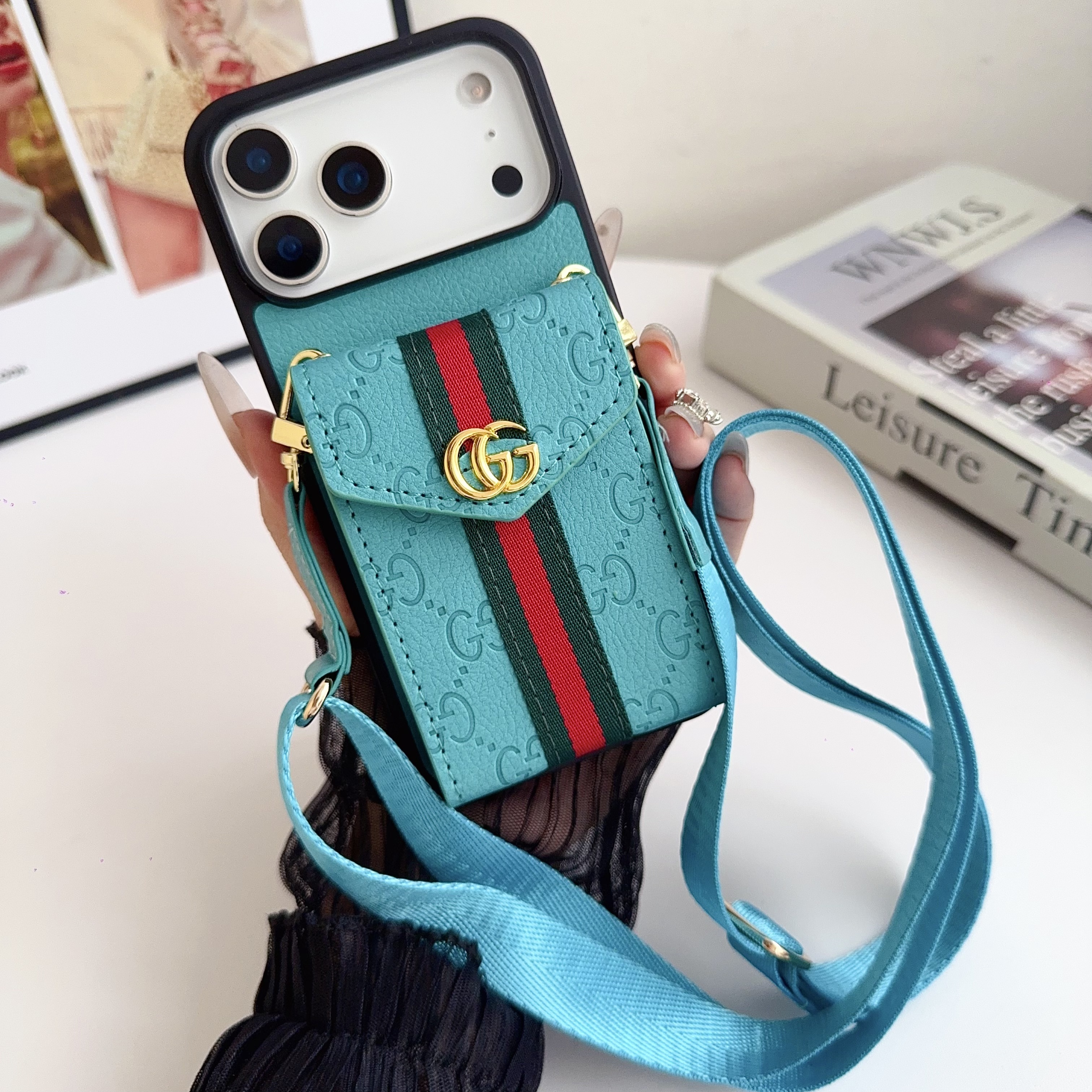 Gucci Vintage Leather iPhone Wallet Case With Crossbody Strap