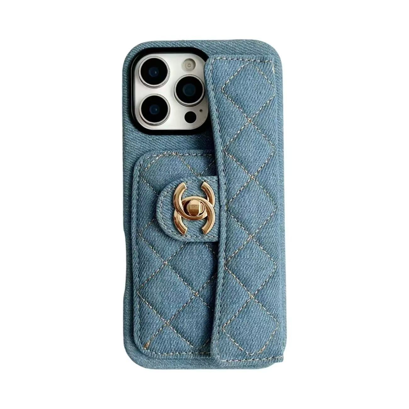 Chanel Denim Canvas iPhone Wallet Case With Crossbody Strap / Handkerchief