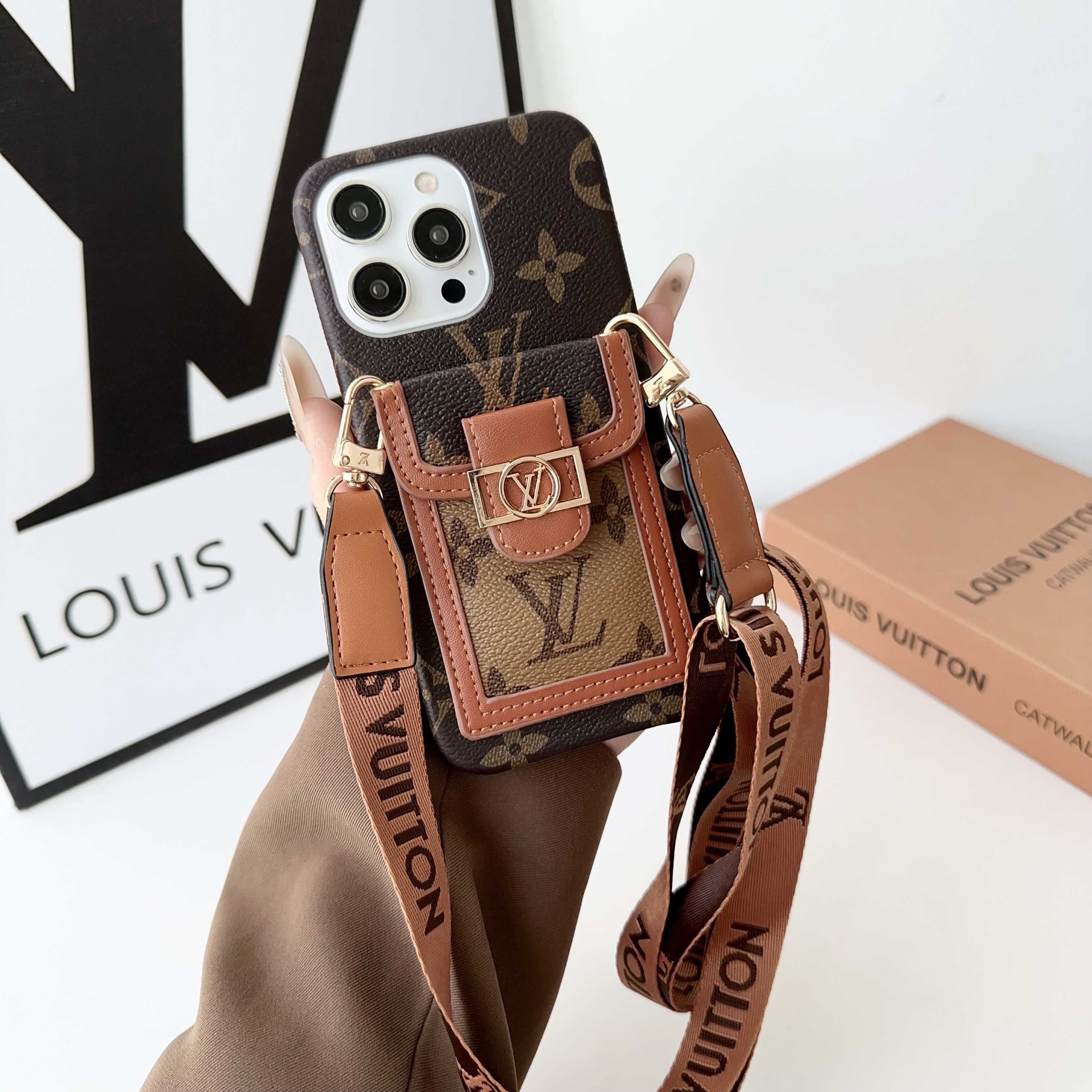 Monogram Leather iPhone Wallet Case With Crossbody Strap