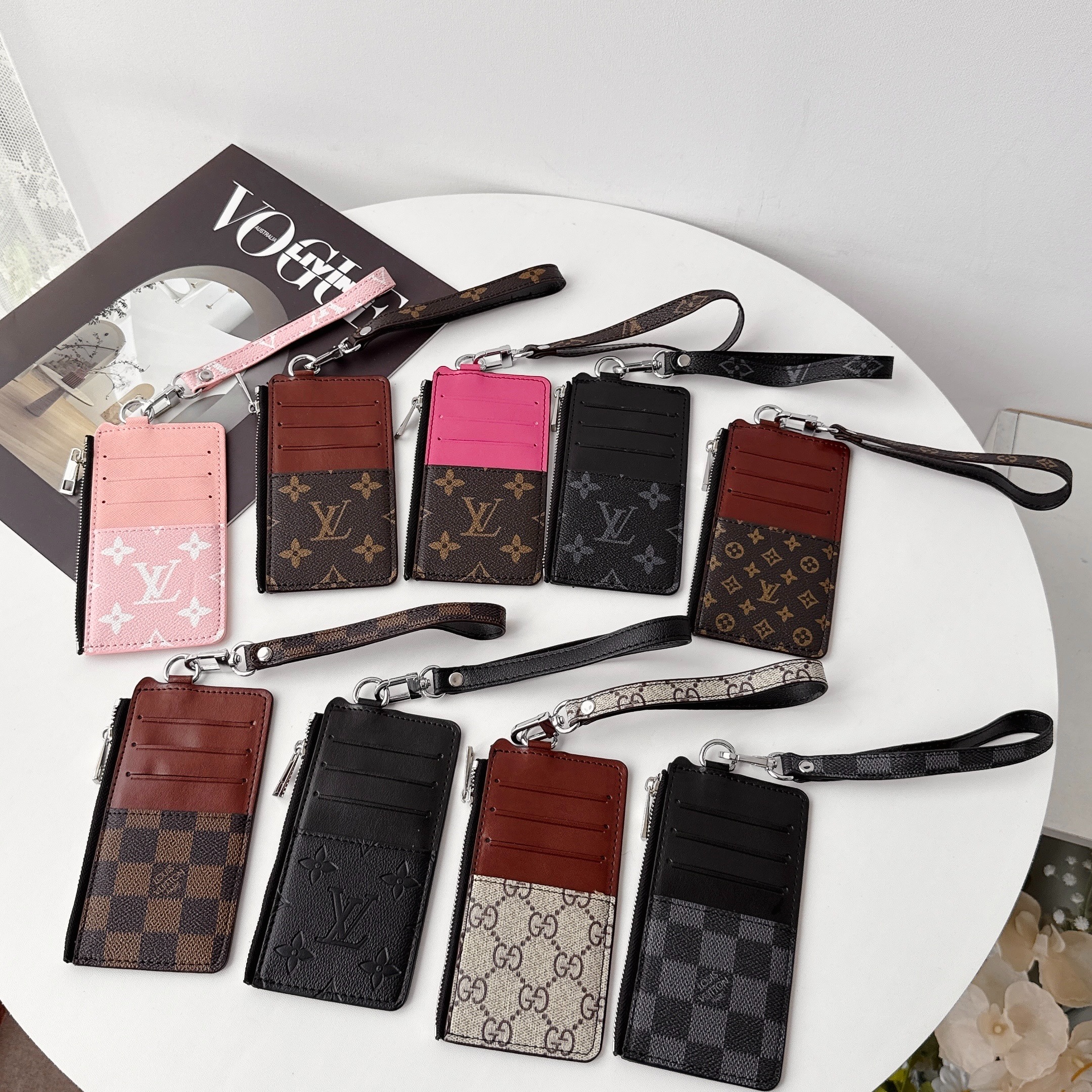 Louis Vuitton&Gucci Luxury Leather Zipper Wallet Card Holder & Coin Purse With Bracelet