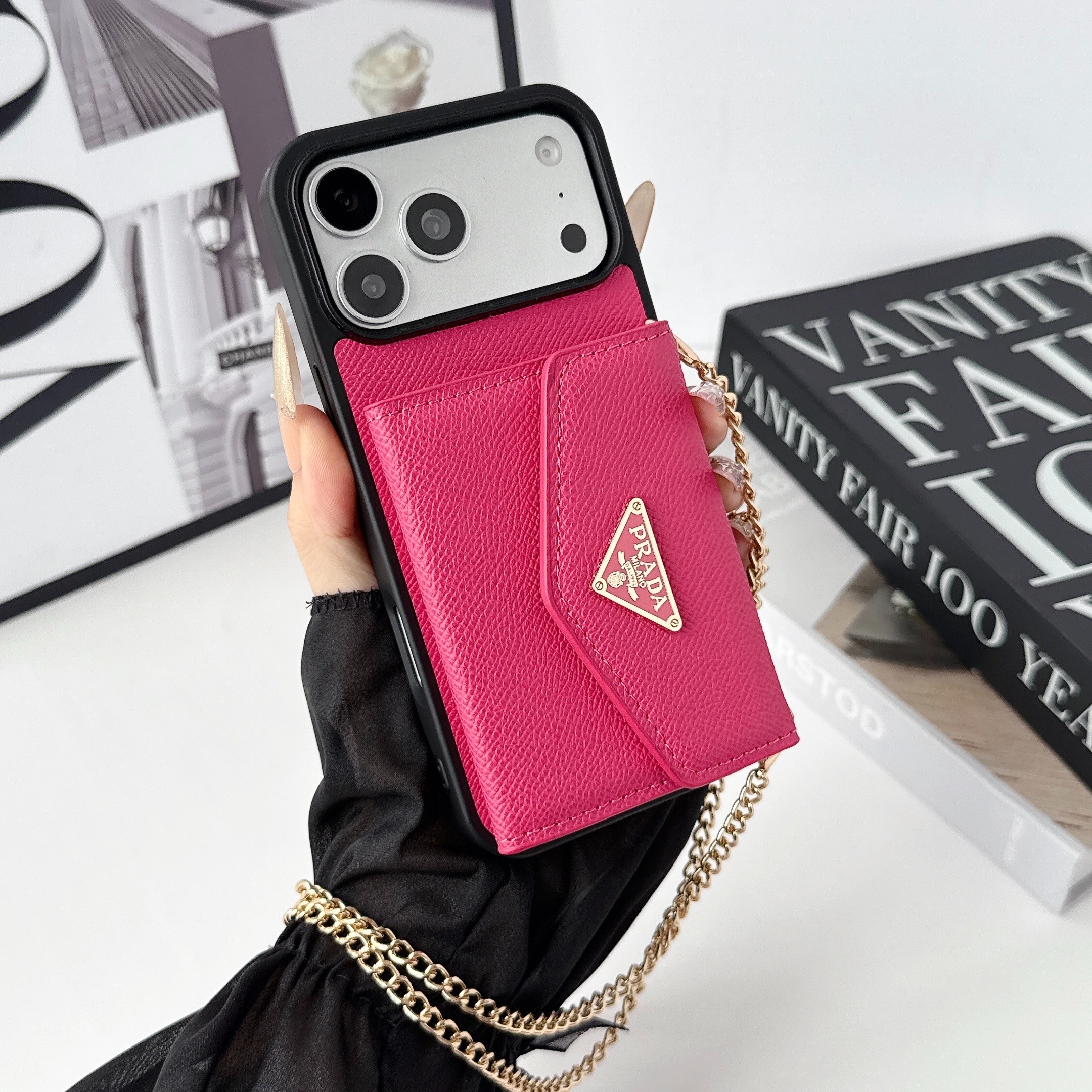 Prada Leather iPhone Wallet Case with Metal Crossbody Strap