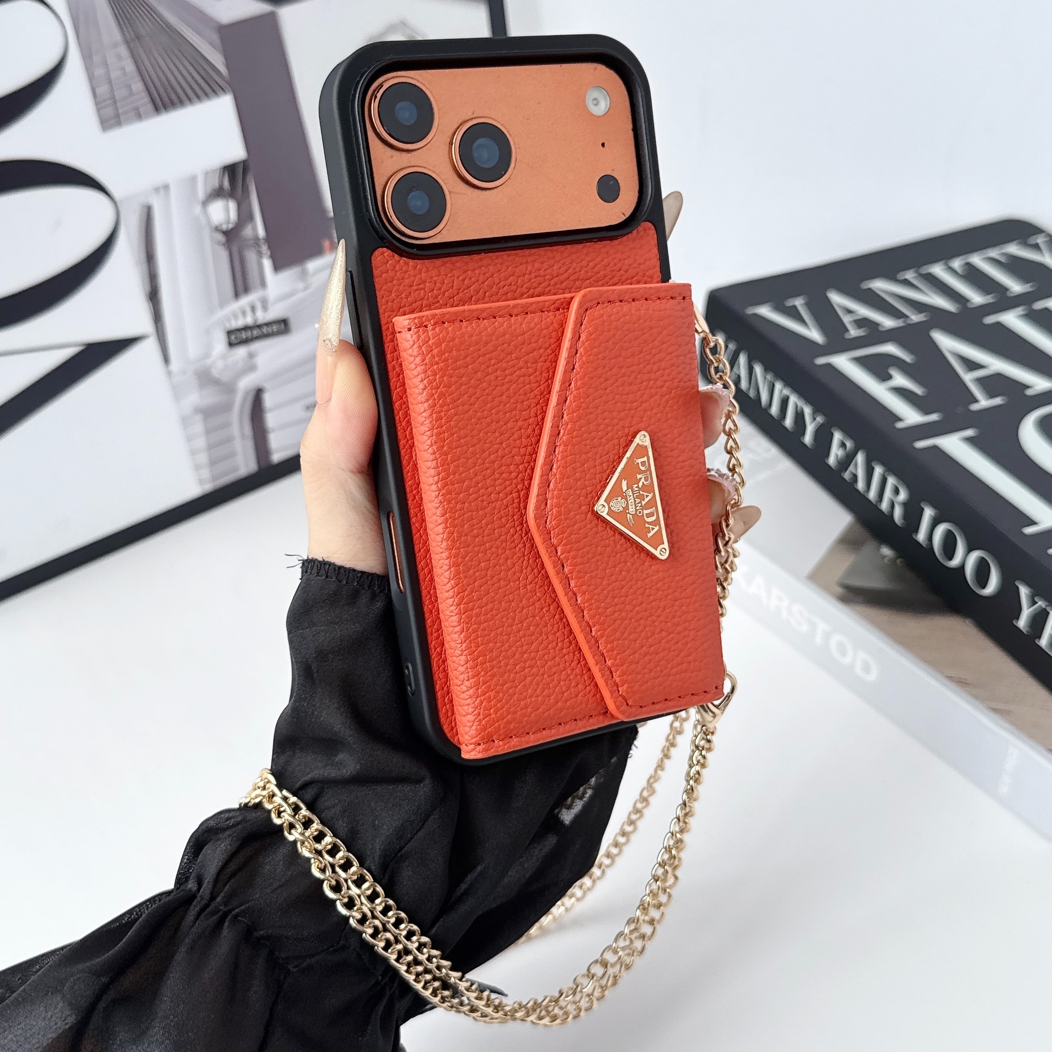 Prada Leather iPhone Wallet Case with Metal Crossbody Strap