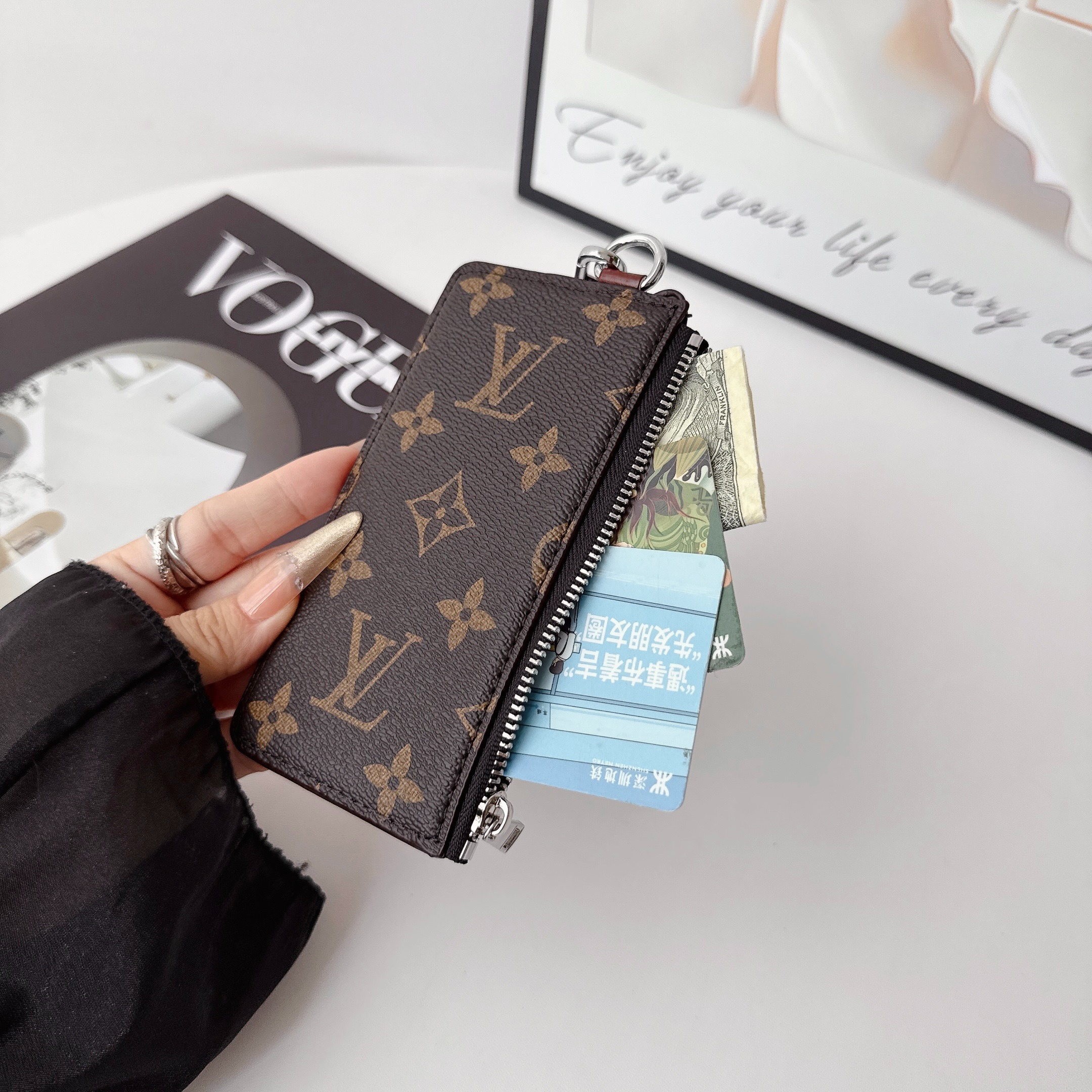 Louis Vuitton&Gucci Luxury Leather Zipper Wallet Card Holder & Coin Purse With Bracelet