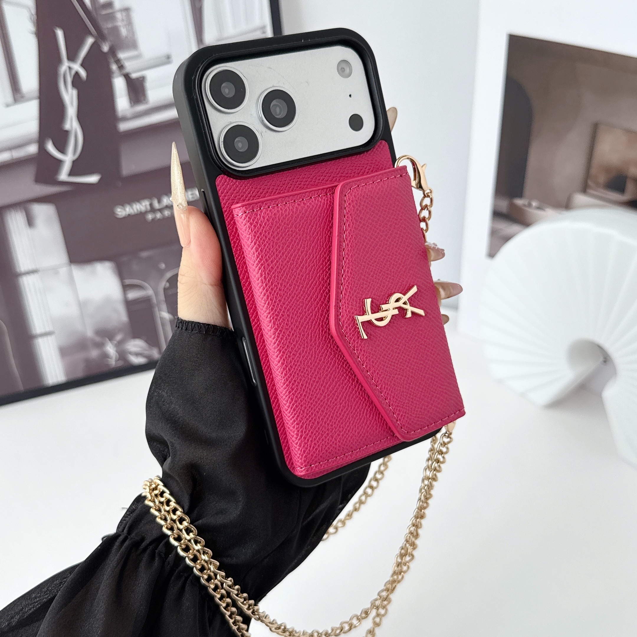 YSL Leather iPhone Wallet Case with Metal Crossbody Strap