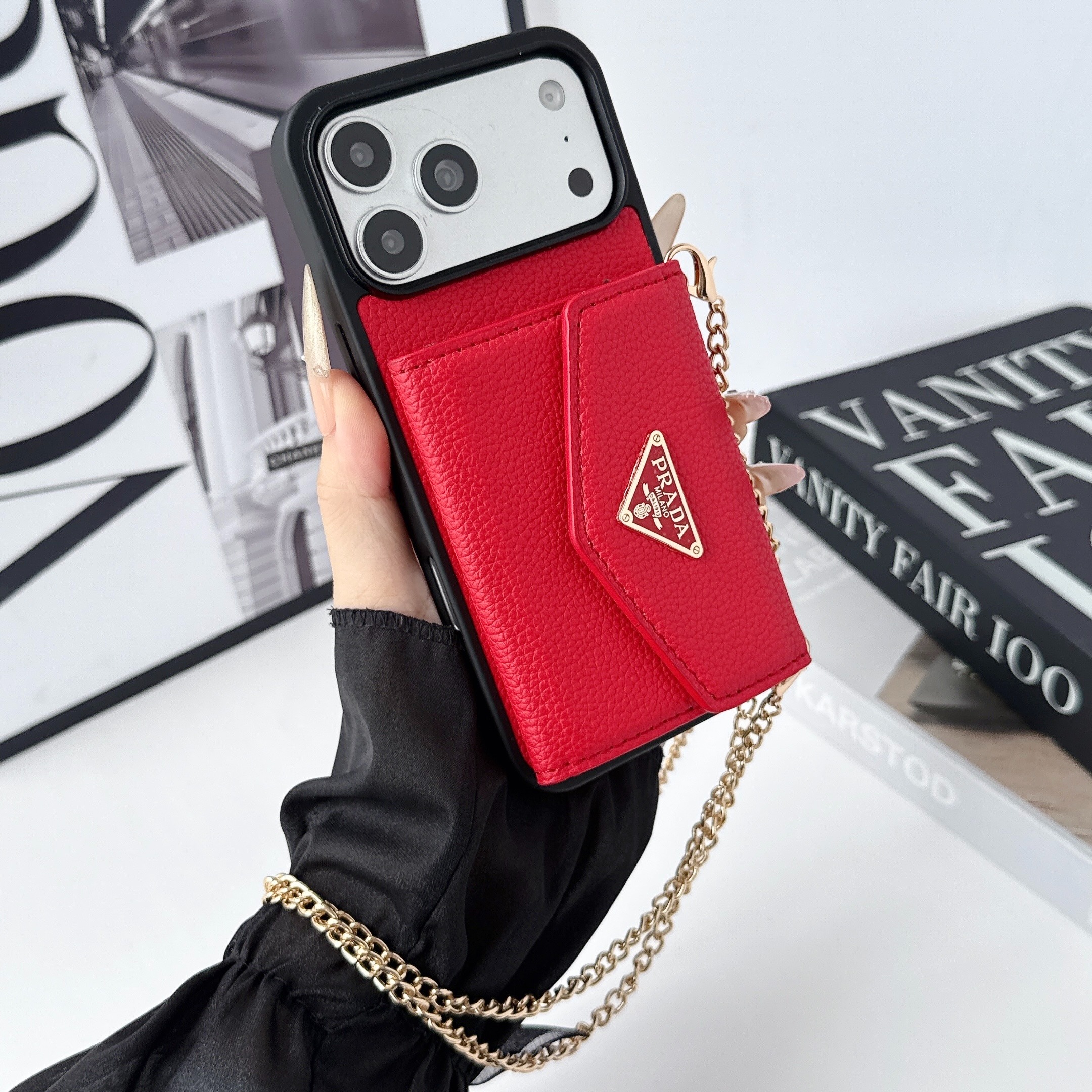 Prada Leather iPhone Wallet Case with Metal Crossbody Strap