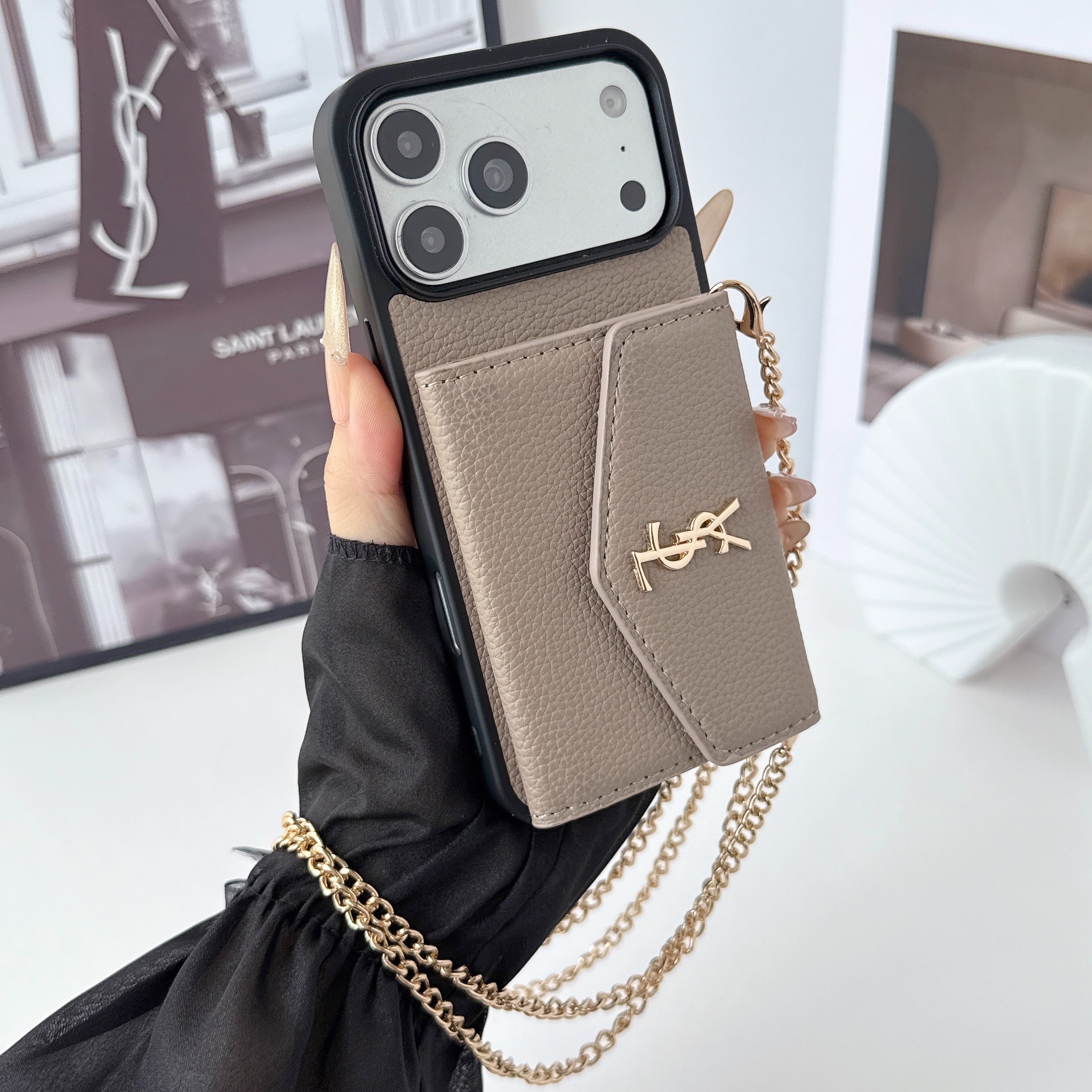 YSL Leather iPhone Wallet Case with Metal Crossbody Strap