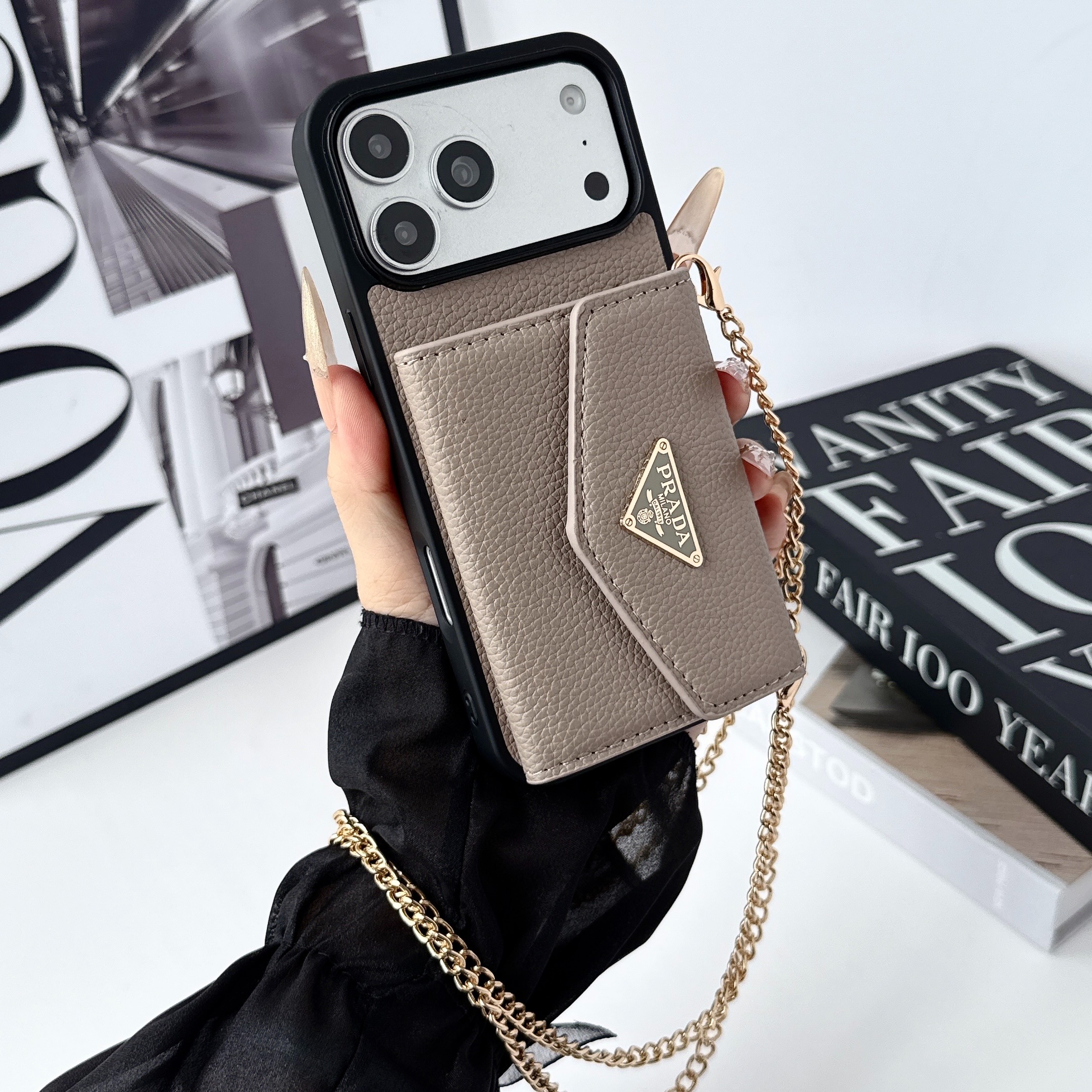 Prada Leather iPhone Wallet Case with Metal Crossbody Strap