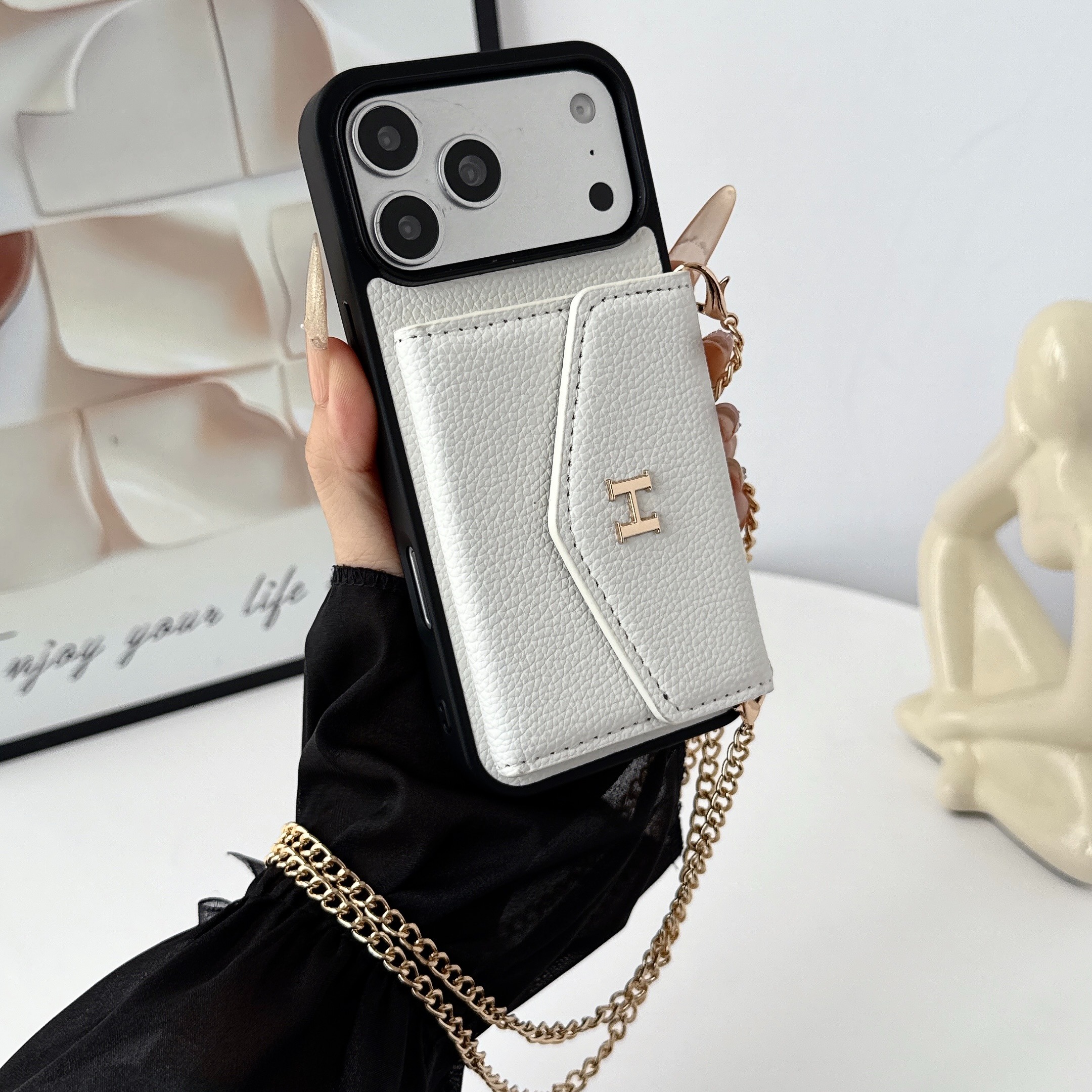 Hermès Leather iPhone Wallet Case with Metal Crossbody Strap
