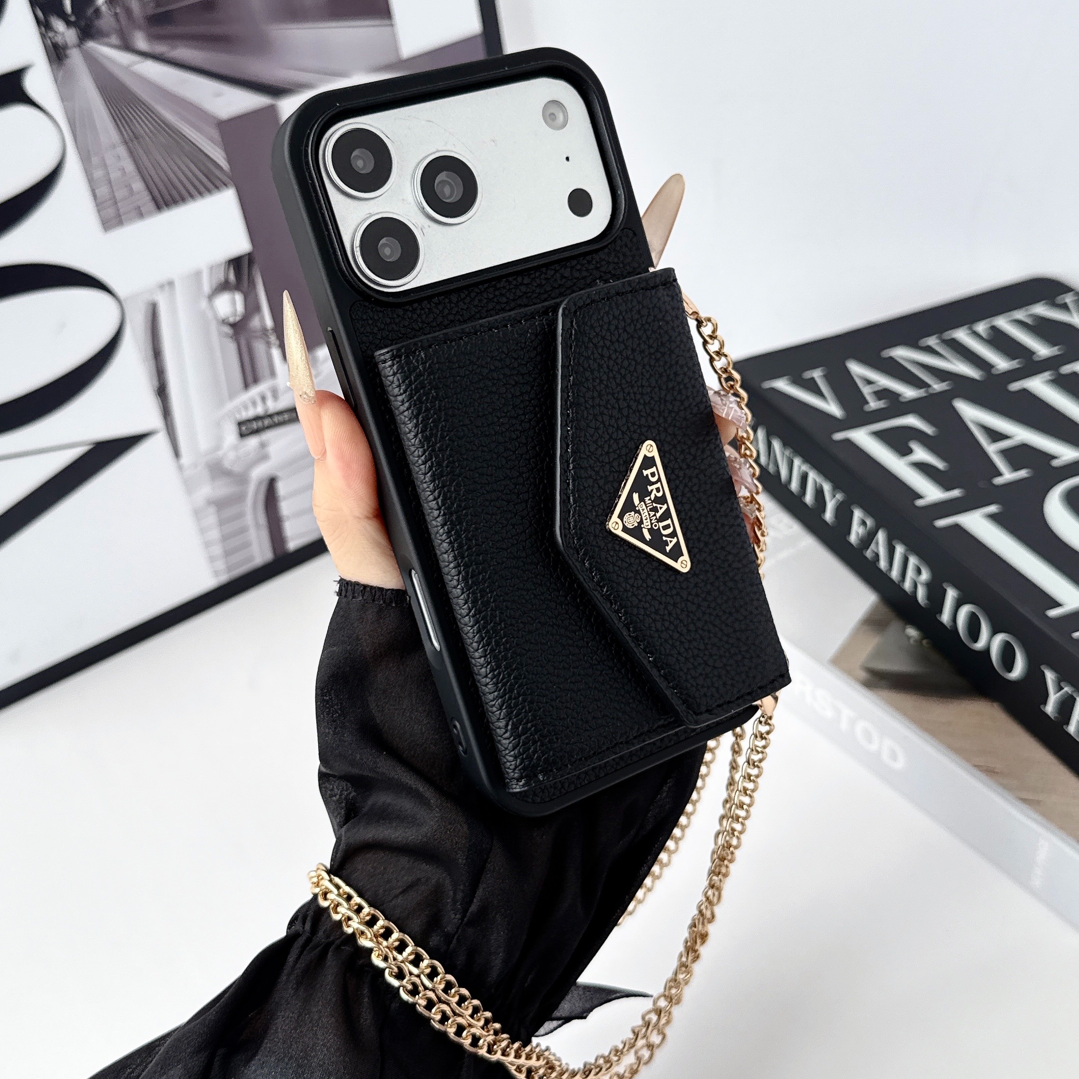 Prada Leather iPhone Wallet Case with Metal Crossbody Strap