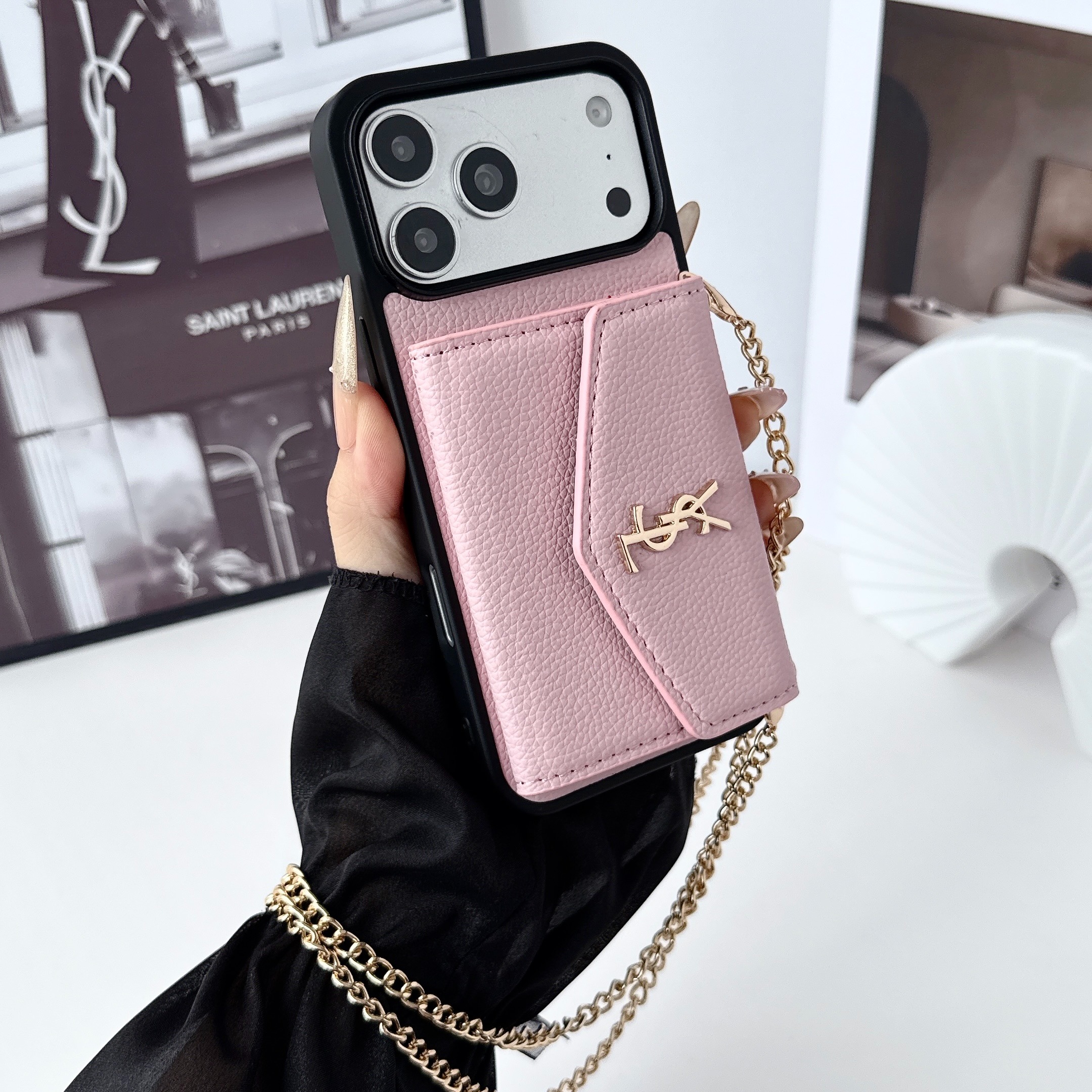 YSL Leather iPhone Wallet Case with Metal Crossbody Strap