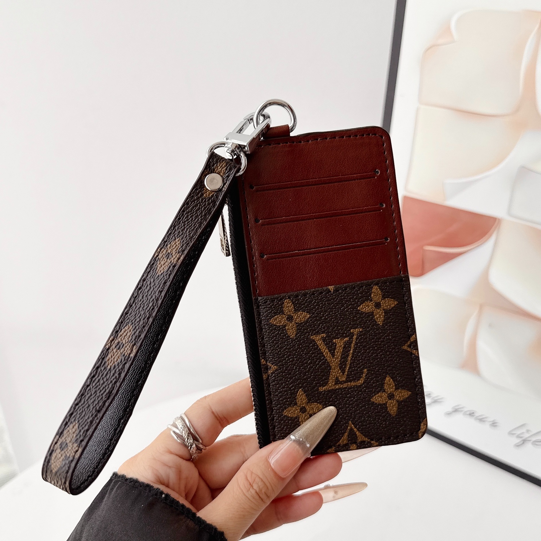 Louis Vuitton&Gucci Luxury Leather Zipper Wallet Card Holder & Coin Purse With Bracelet