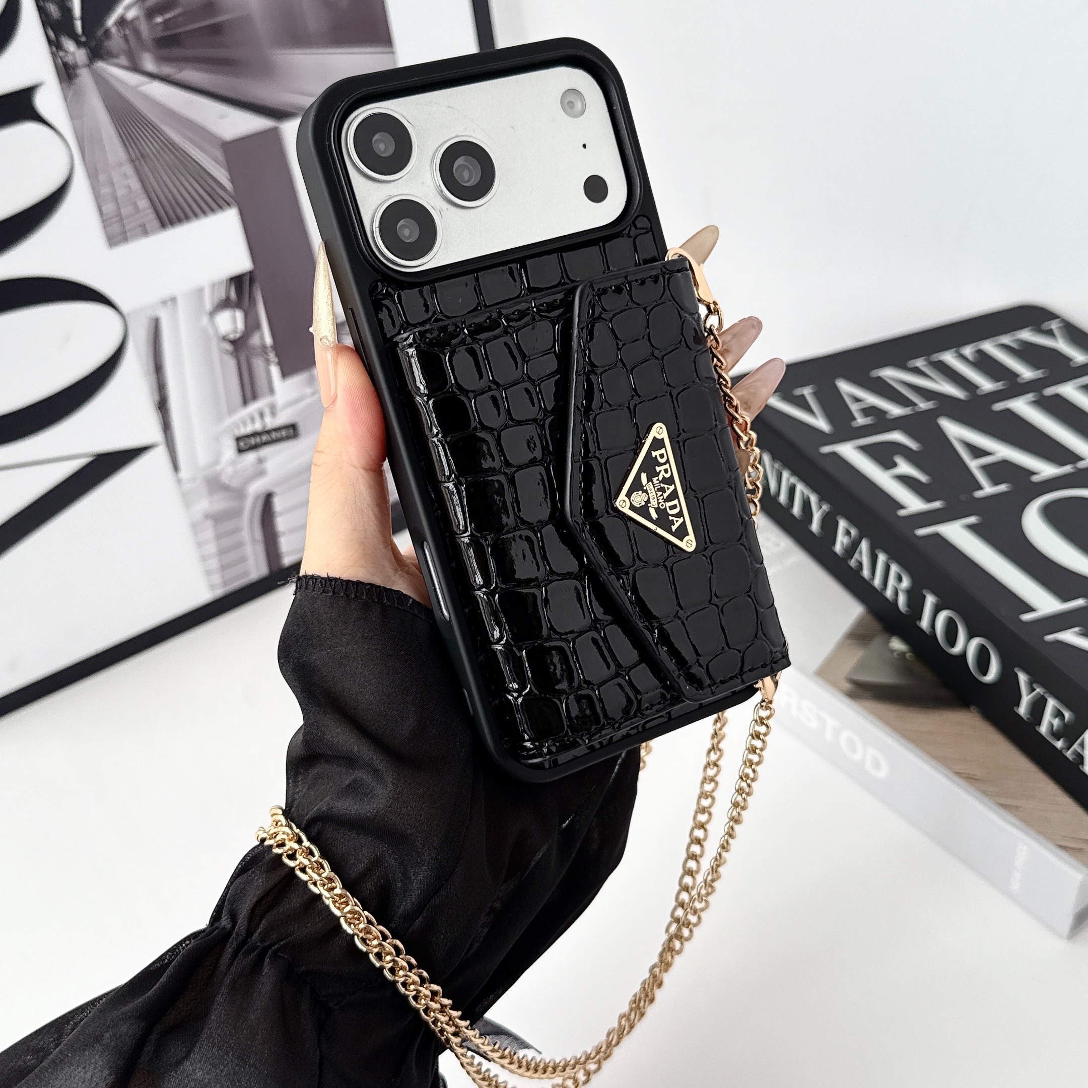 Prada Leather iPhone Wallet Case with Metal Crossbody Strap