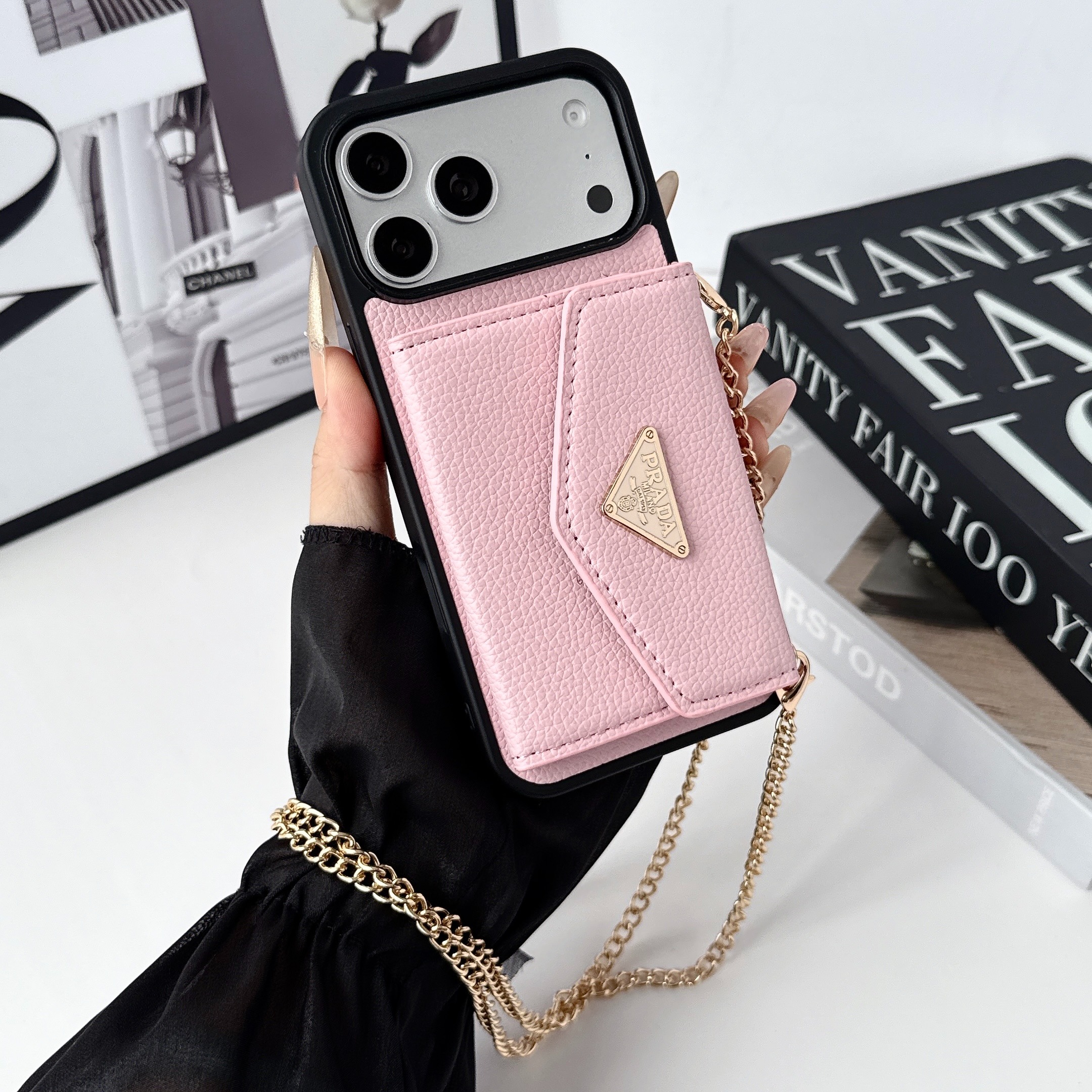 Prada Leather iPhone Wallet Case with Metal Crossbody Strap