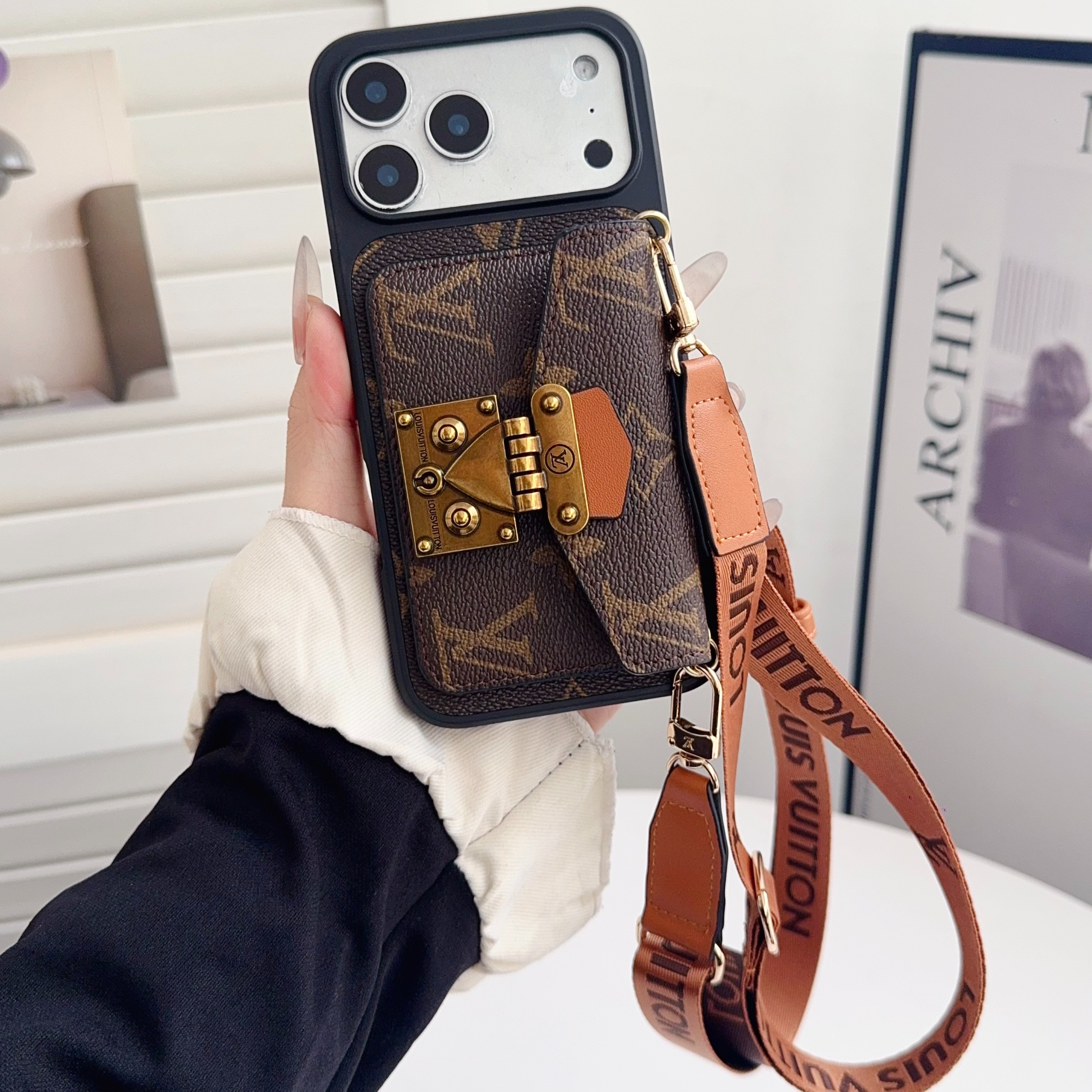 Louis Vuitton,Gucci Vintage Monogram Leather iPhone Wallet Case With Crossbody Strap