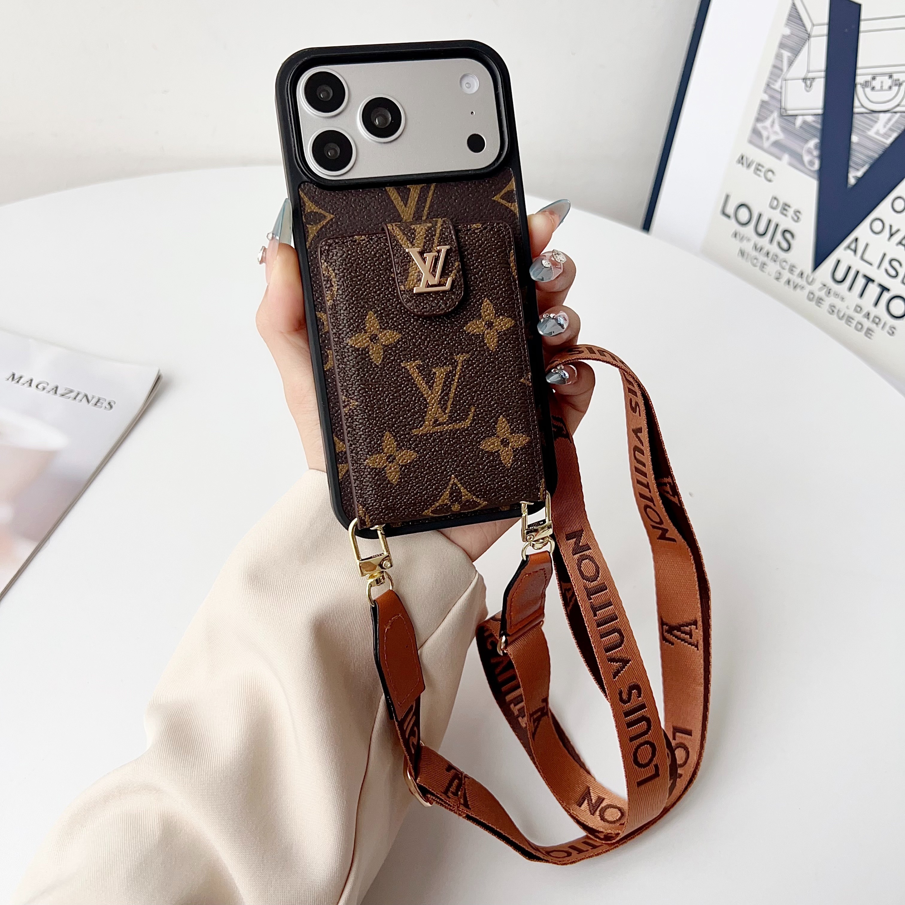 Louis Vuitton Vintage Monogram Leather iPhone Wallet Case With Crossbody Strap