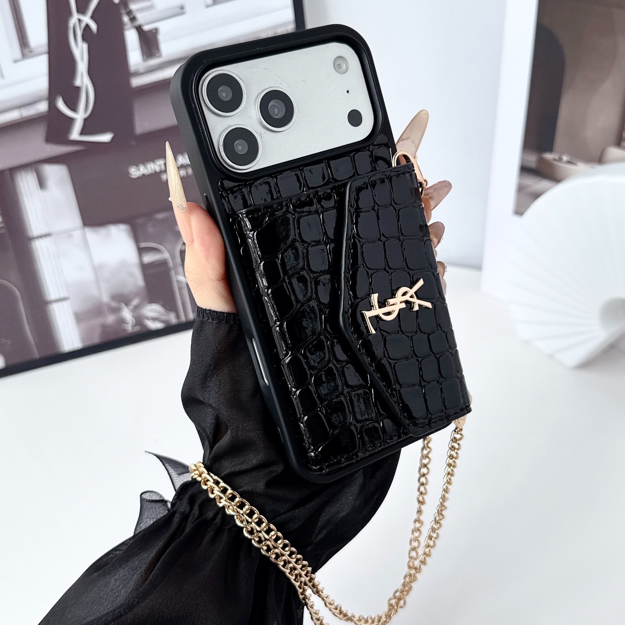 YSL Leather iPhone Wallet Case with Metal Crossbody Strap