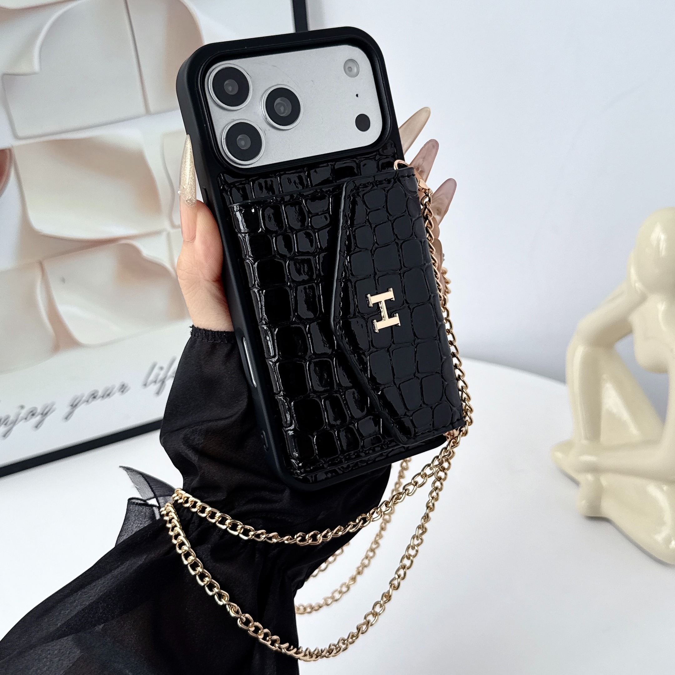 Hermès Leather iPhone Wallet Case with Metal Crossbody Strap