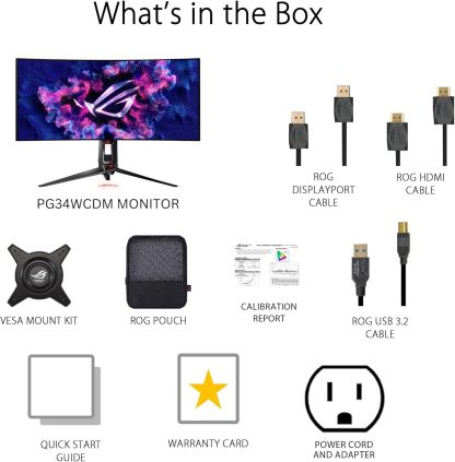 ASUS ROG Swift 34” OLED Ultrawide 800R Curved Gaming Monitor (PG34WCDM)