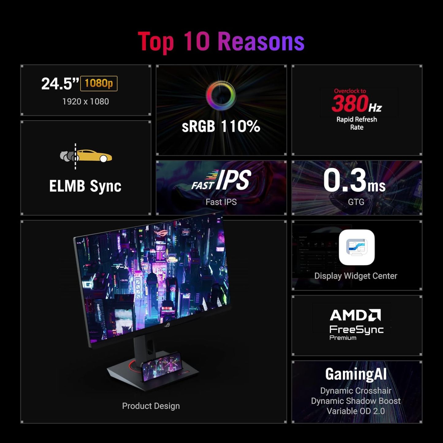 Strix 25” (24.5” viewable) Esports Gaming Monitor (XG259QNS) - Full HD, 380Hz, 0.3ms, Fast IPS, Extreme Low Motion Blur Sync, FreeSync Premium, DisplayWidget, Ergonomic, 3 yr Warranty