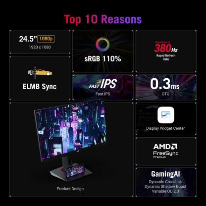 Strix 25” (24.5” viewable) Esports Gaming Monitor (XG259QNS) - Full HD, 380Hz, 0.3ms, Fast IPS, Extreme Low Motion Blur Sync, FreeSync Premium, DisplayWidget, Ergonomic, 3 yr Warranty