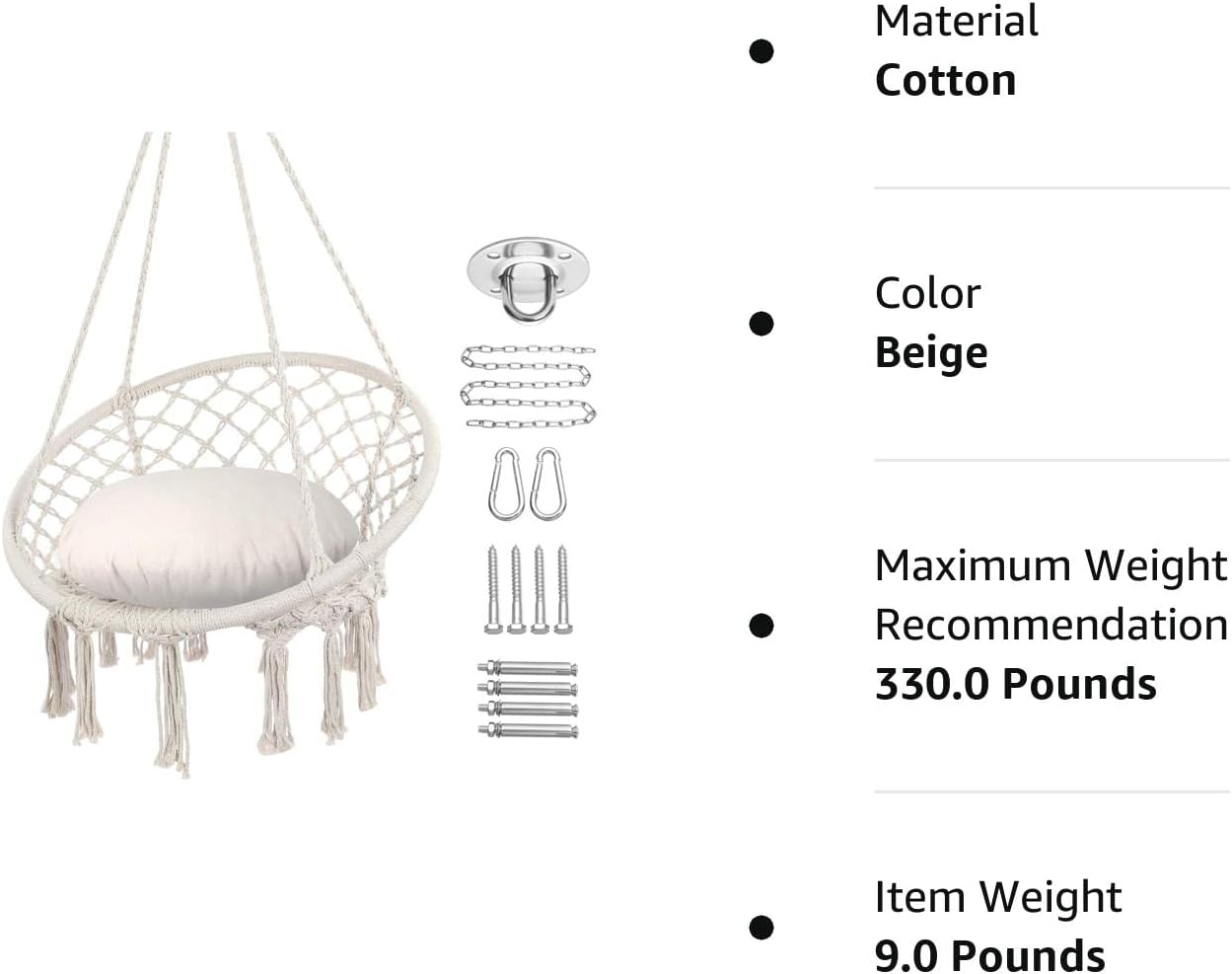 Hammock Chair Macrame Swing, Max 330 Lbs