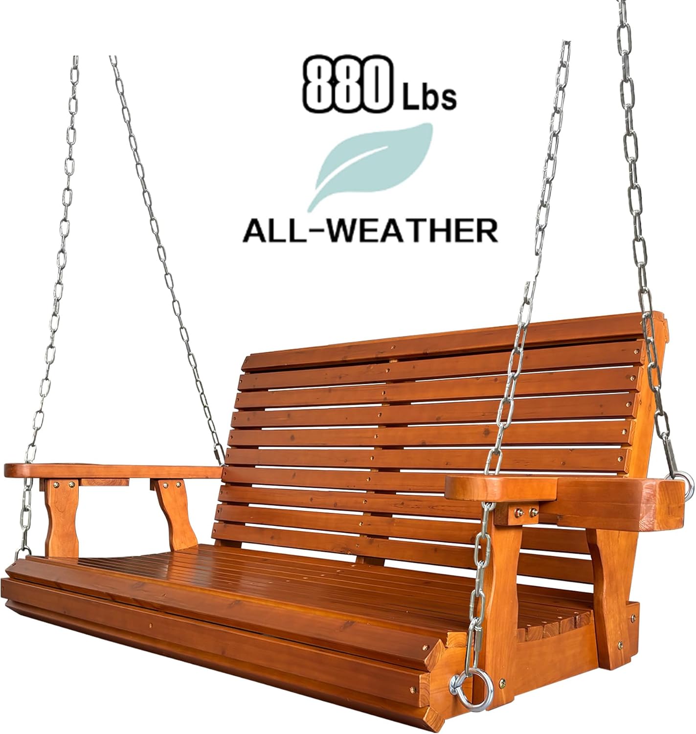 Wooden Porch Swing 2-Seater, High Backrest and Deep Seat, Bench Swing with Cupholders, Hanging Chains and 7mm Springs, Heavy Duty 880 LBS