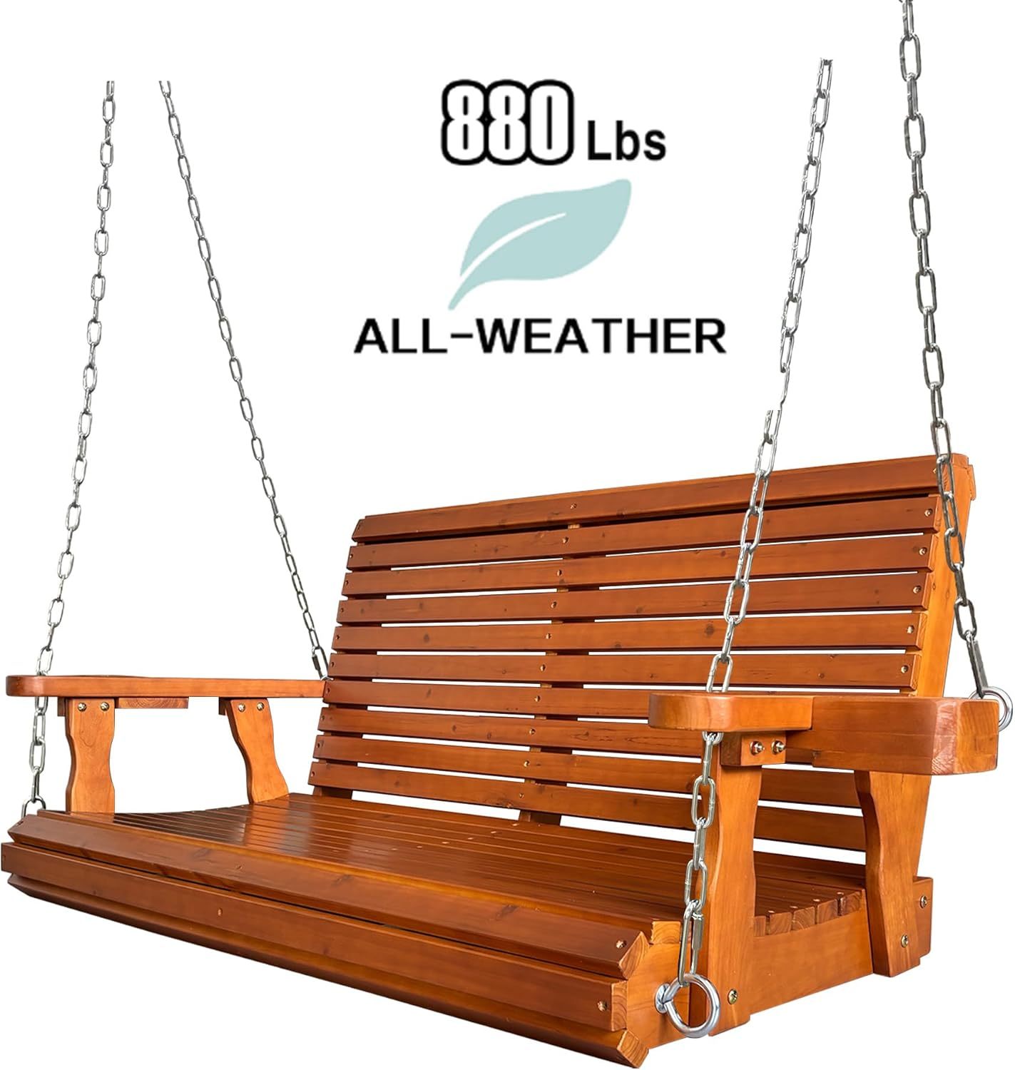Wooden Porch Swing 2-Seater, High Backrest and Deep Seat, Bench Swing with Cupholders, Hanging Chains and 7mm Springs, Heavy Duty 880 LBS