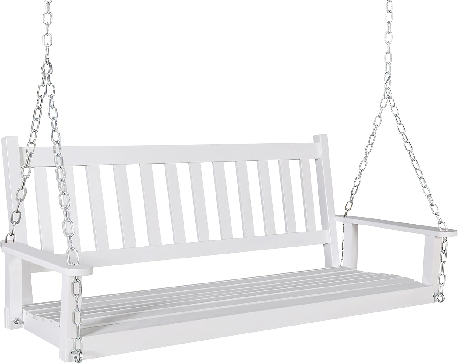 Outdoor Patio Hanging Wooden Porch Swing 5FT with Chains, 3-Person Heavy Duty Swing Bench for Garden and Backyard, White