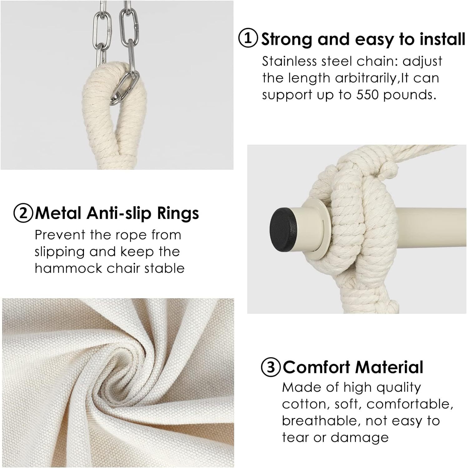 Hammock Chair Hanging Rope Swing, Max 500 Lbs