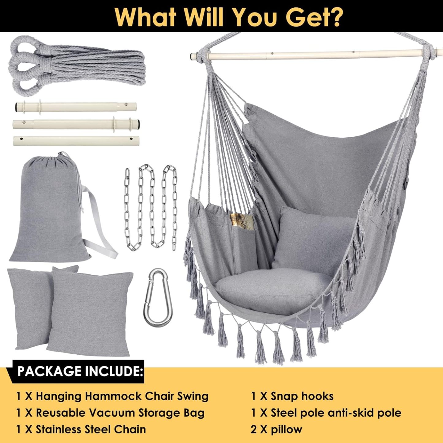 Hammock Chair Hanging Rope Swing, Max 500 Lbs
